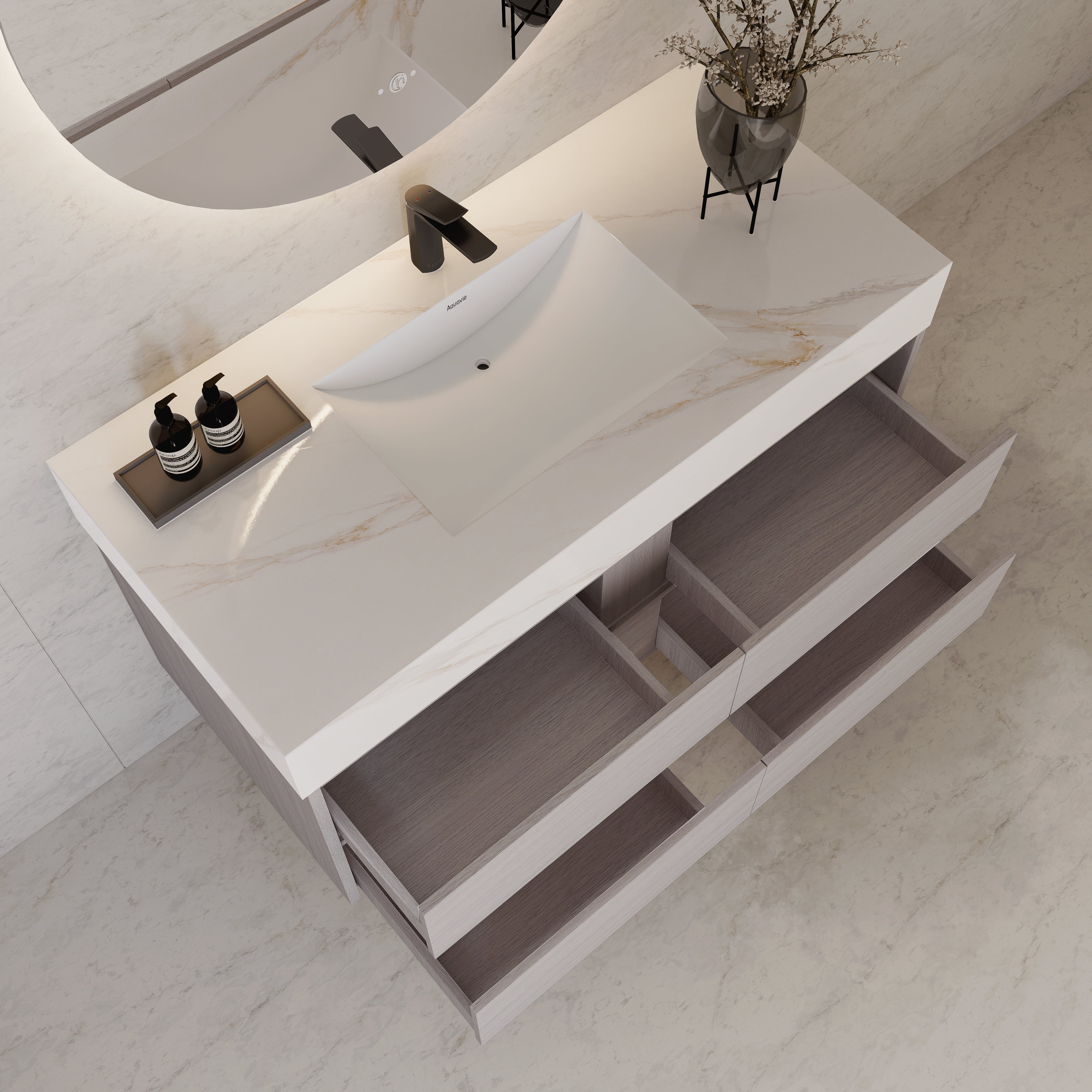 48"，60" White Grey Sintered Stone Top With Four Drawer Floating Bathroom Vanity