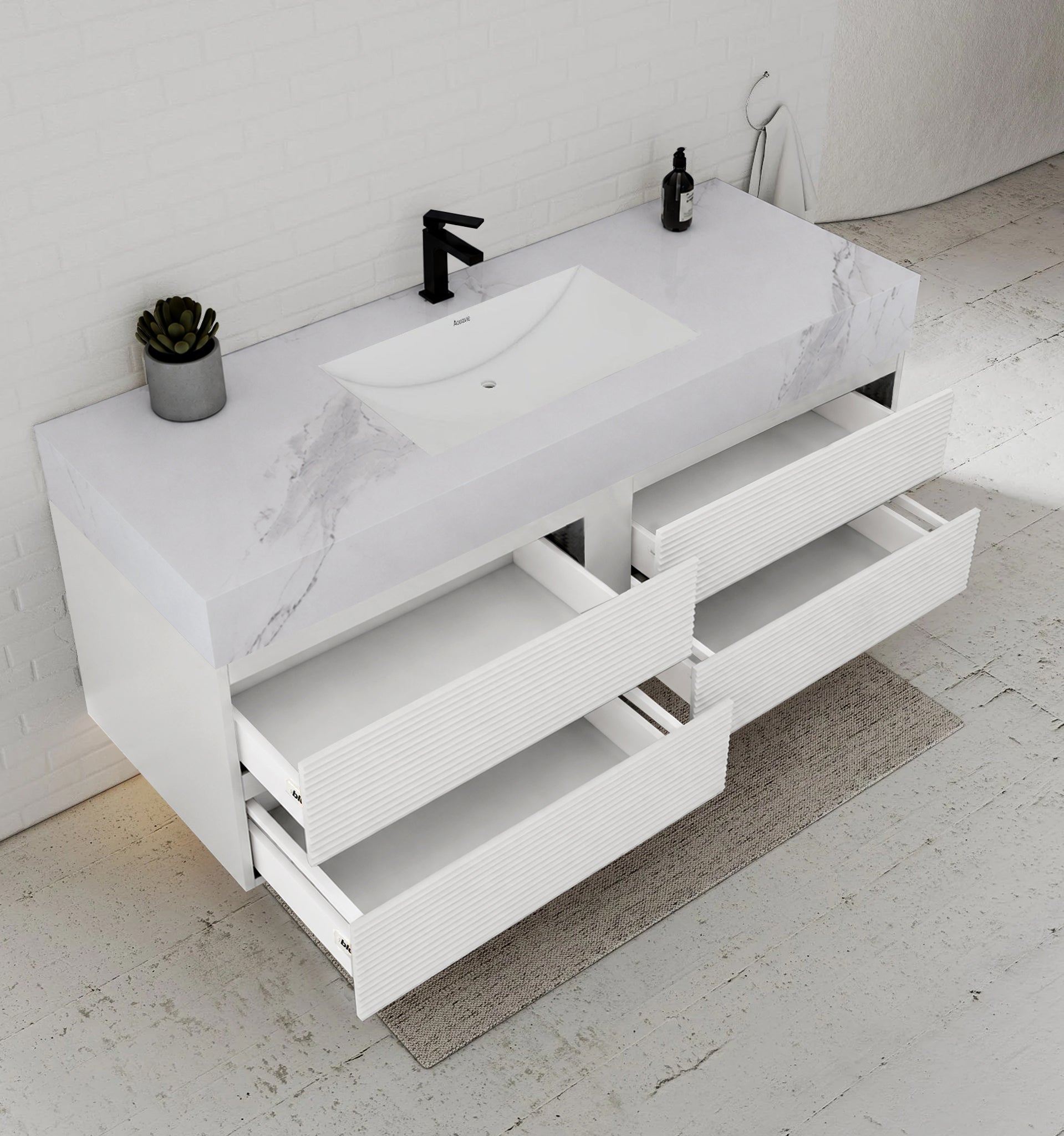 60” White Modern Floating Bathroom Vanity 4 Drawers– Single Basin