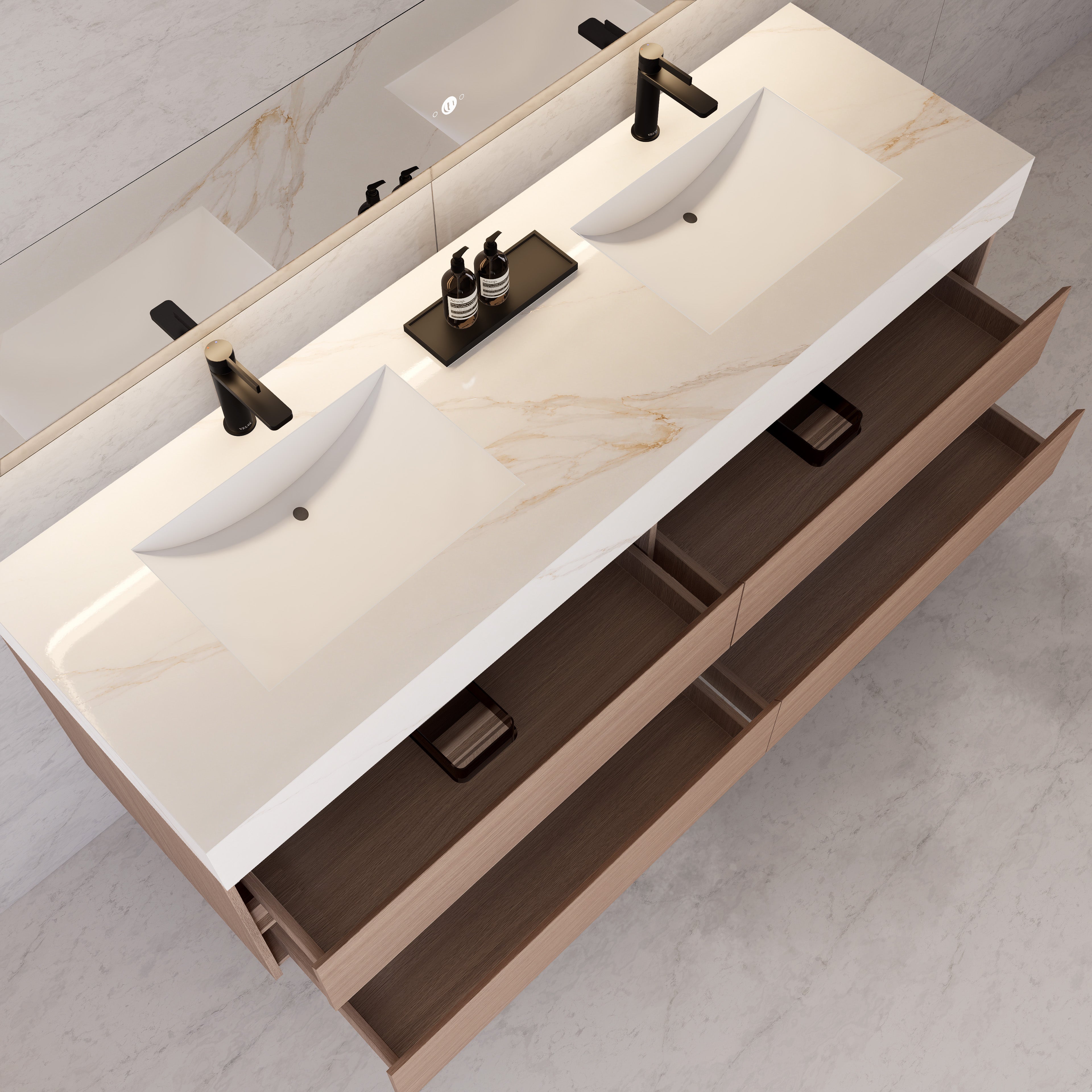 71"，60" Smoked Oak Double Sink Sintered Stone Top with Floating Bathroom Vanity