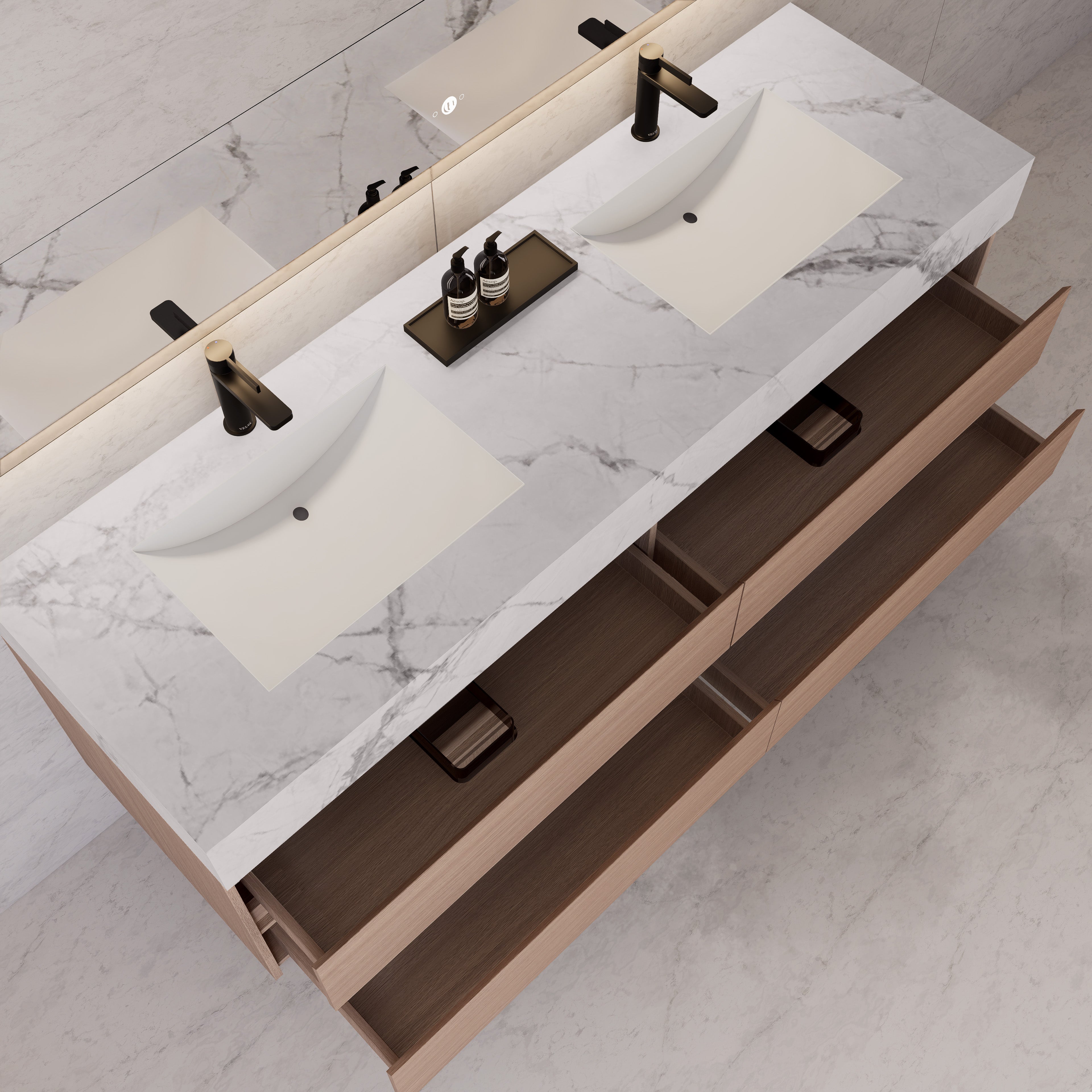 71"，60" Smoked Oak Double Sink Sintered Stone Top with Floating Bathroom Vanity