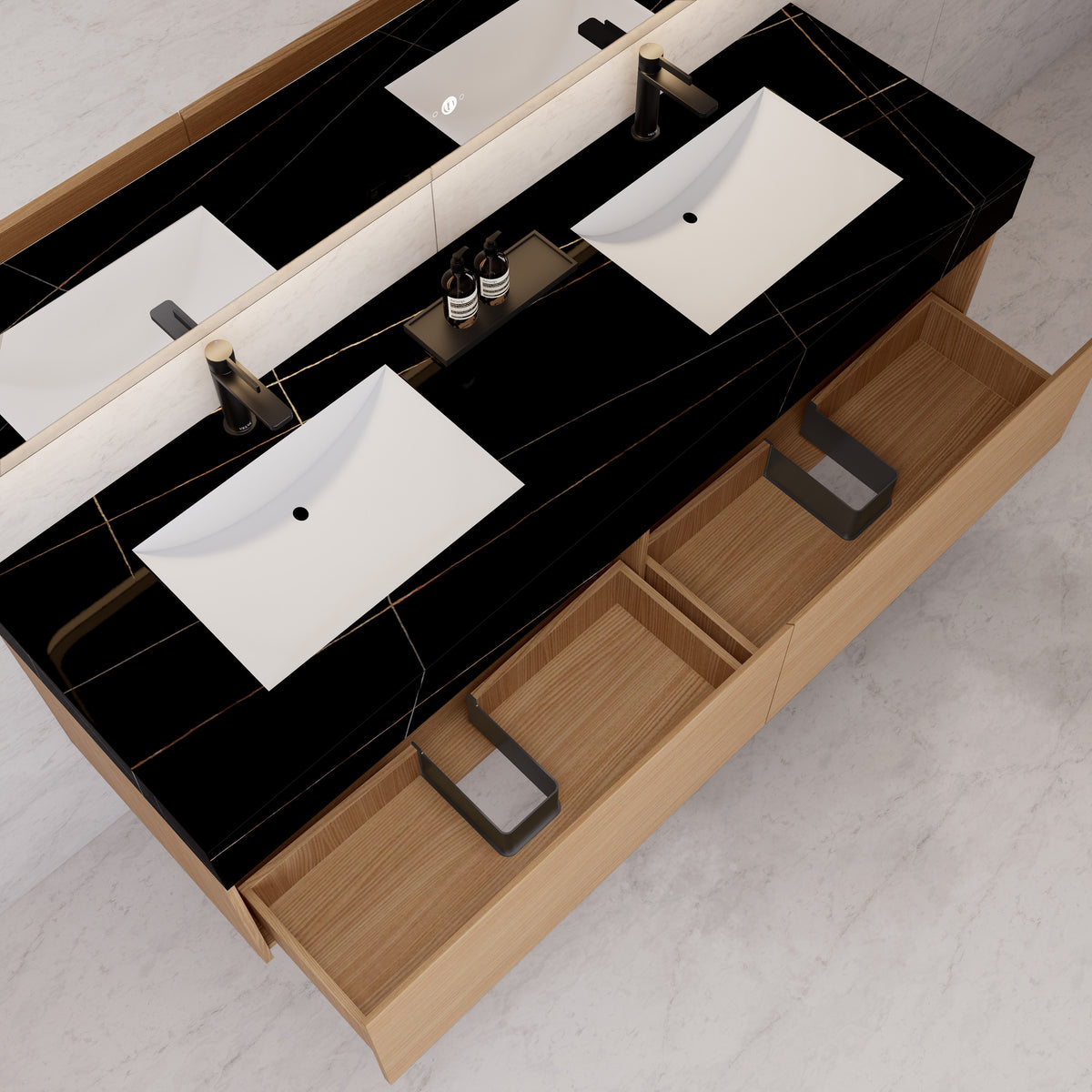 Meuble-lavabo flottant simple de 60 po / 71 po avec dessus en pierre et vasque double