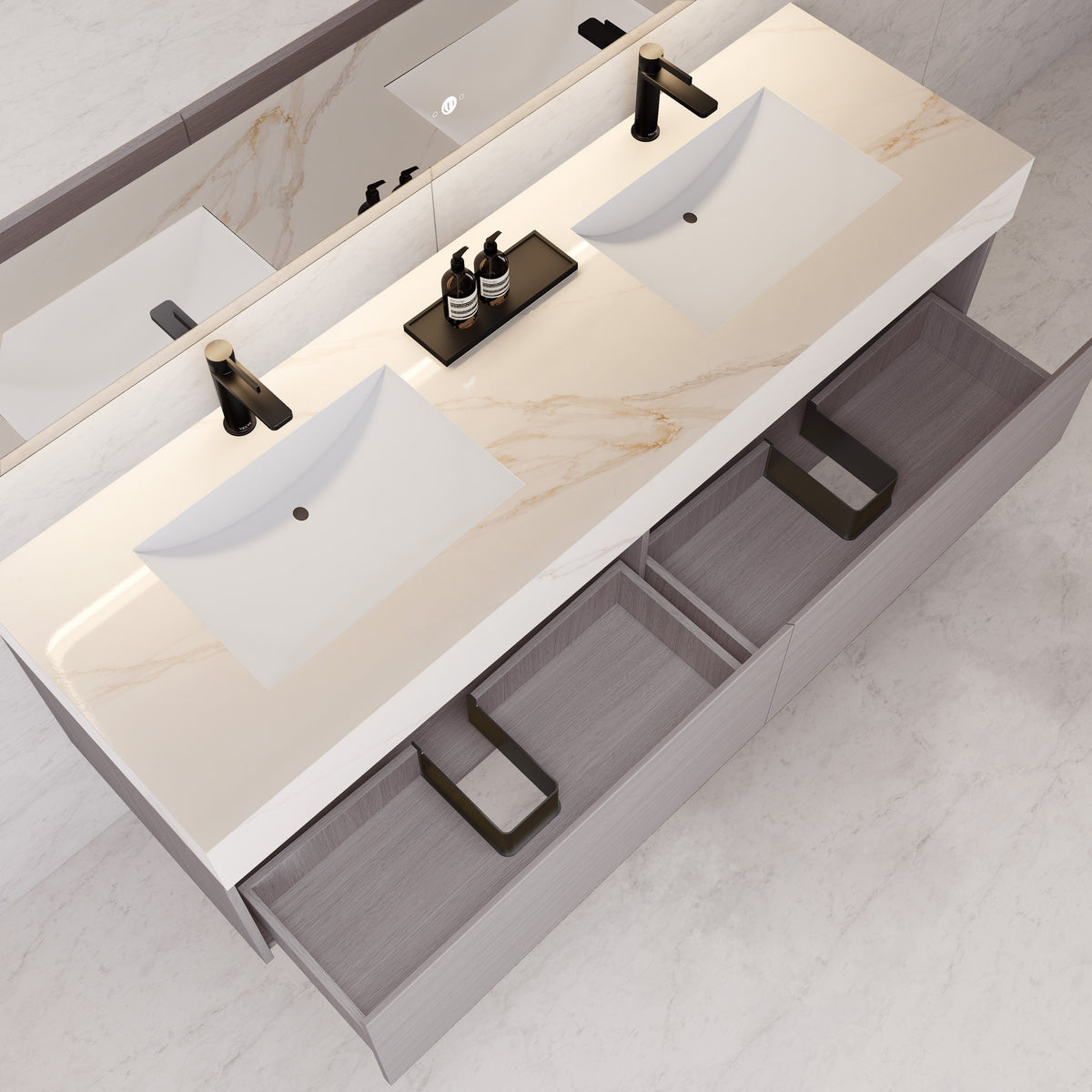 Tocador de baño flotante individual con cubierta de piedra de 60" / 71" de doble lavabo