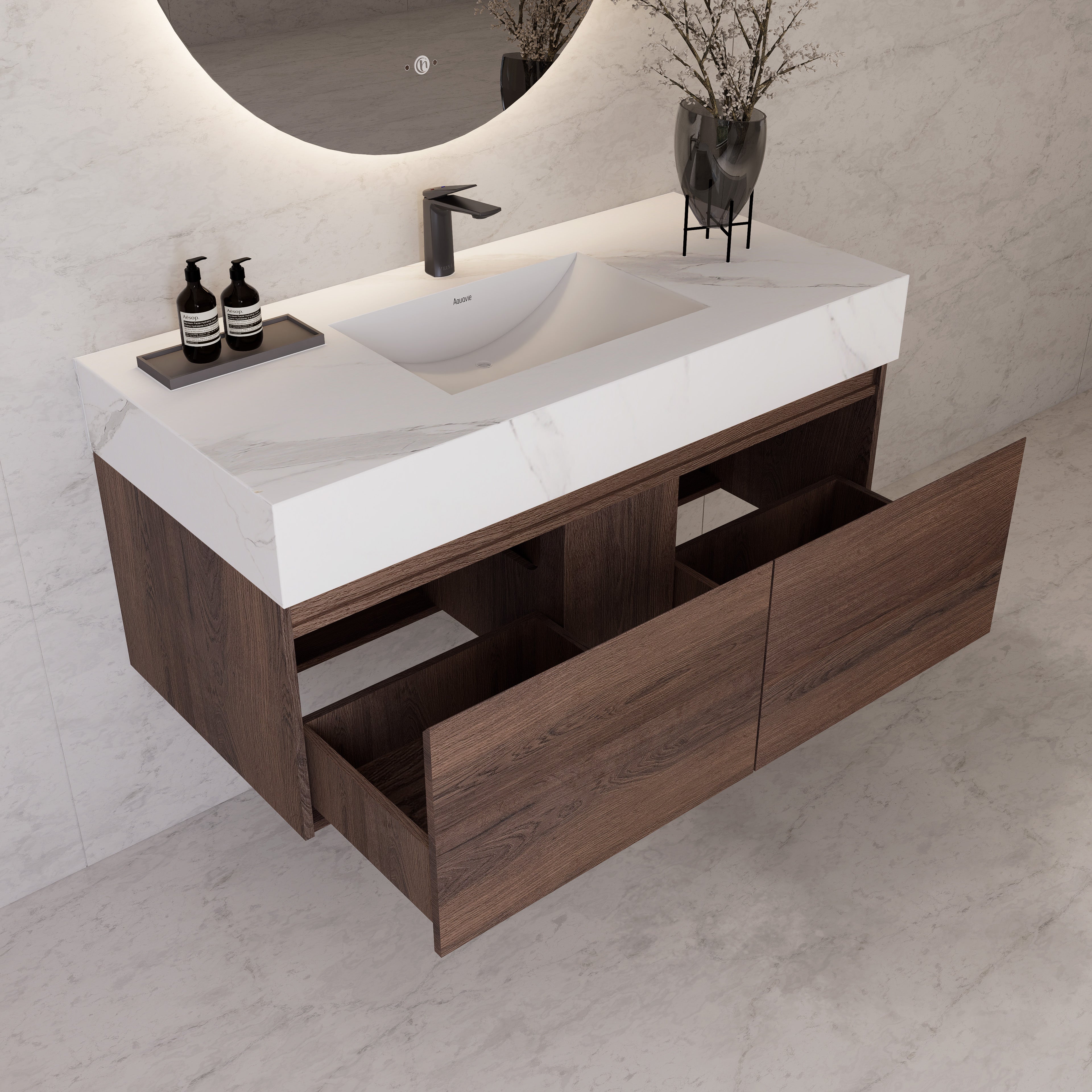 48", 60" Walnut Sintered Stone Top with Double Drawer Floating Bathroom Vanity