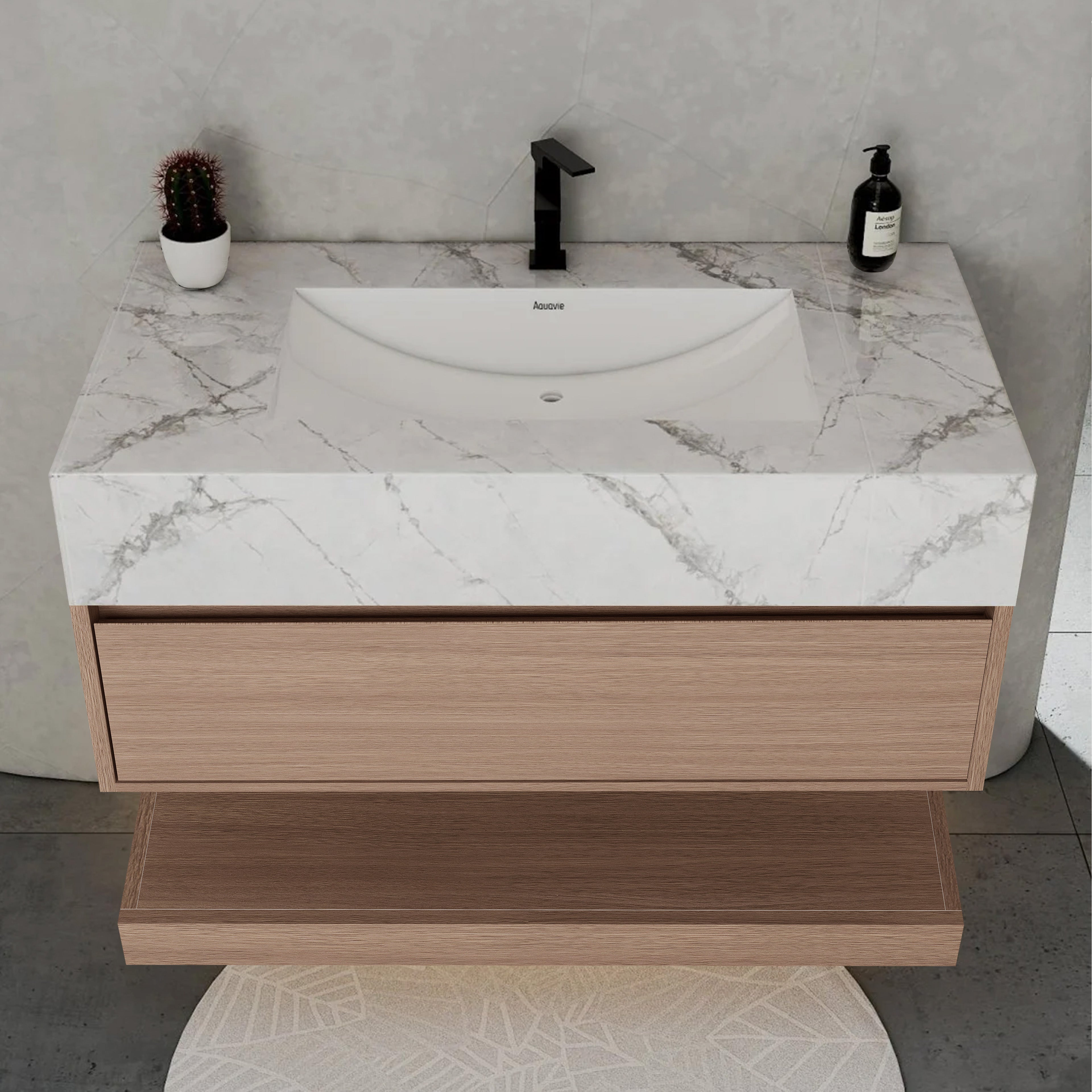 32", 36", 40" Smoked Oak Hotel-Style Floating Bathroom Vanity With Sintered Stone Top