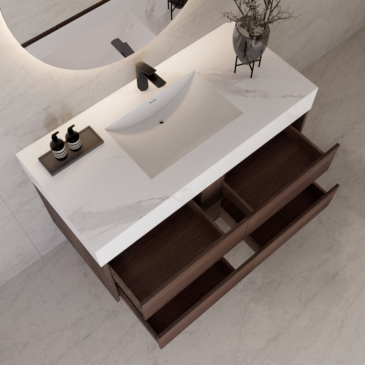 48"，60" Walnut Sintered Stone Top With Four Drawer Floating Bathroom Vanity