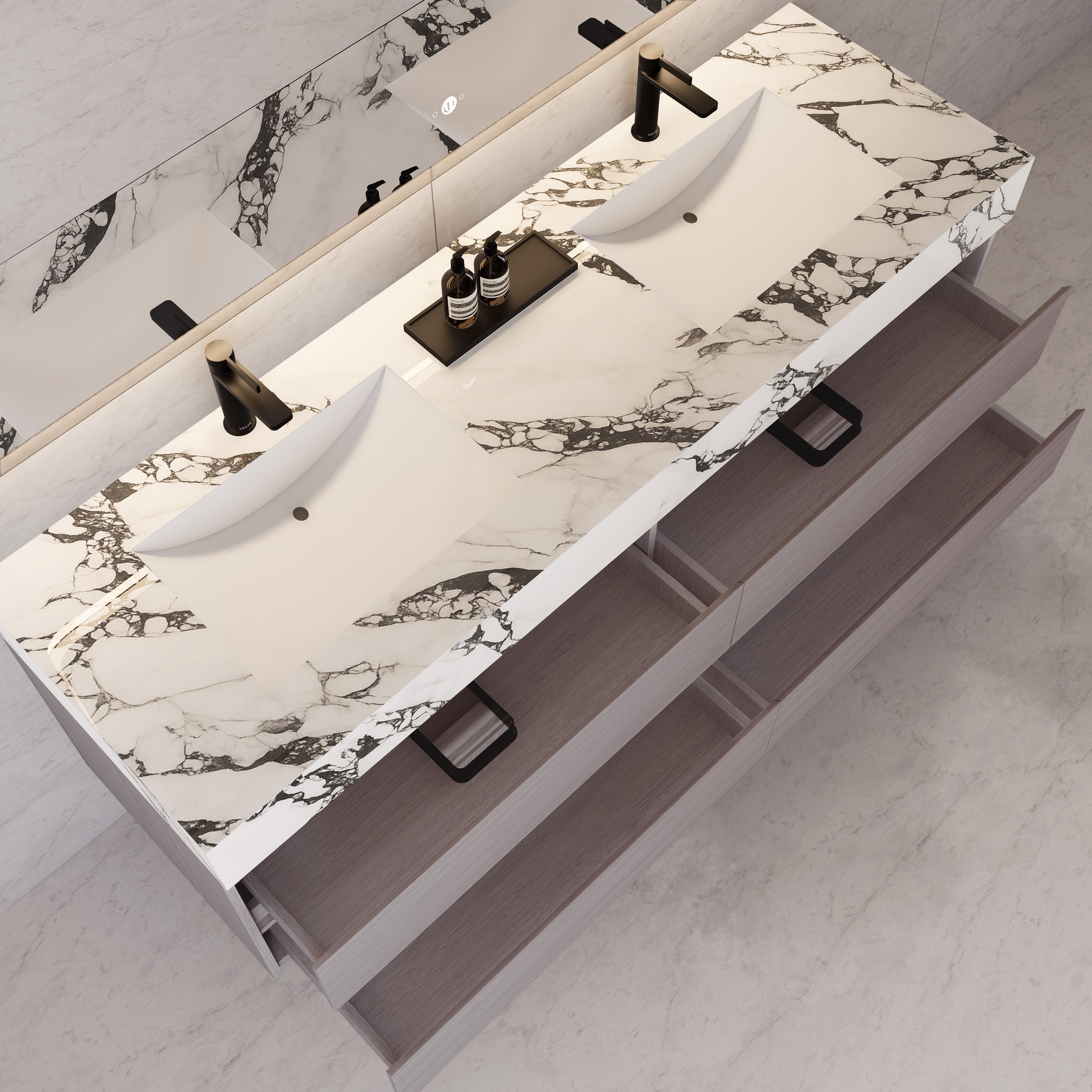 71"，60" White Grey Oak Double Sink Sintered Stone Top with Floating Bathroom Vanity