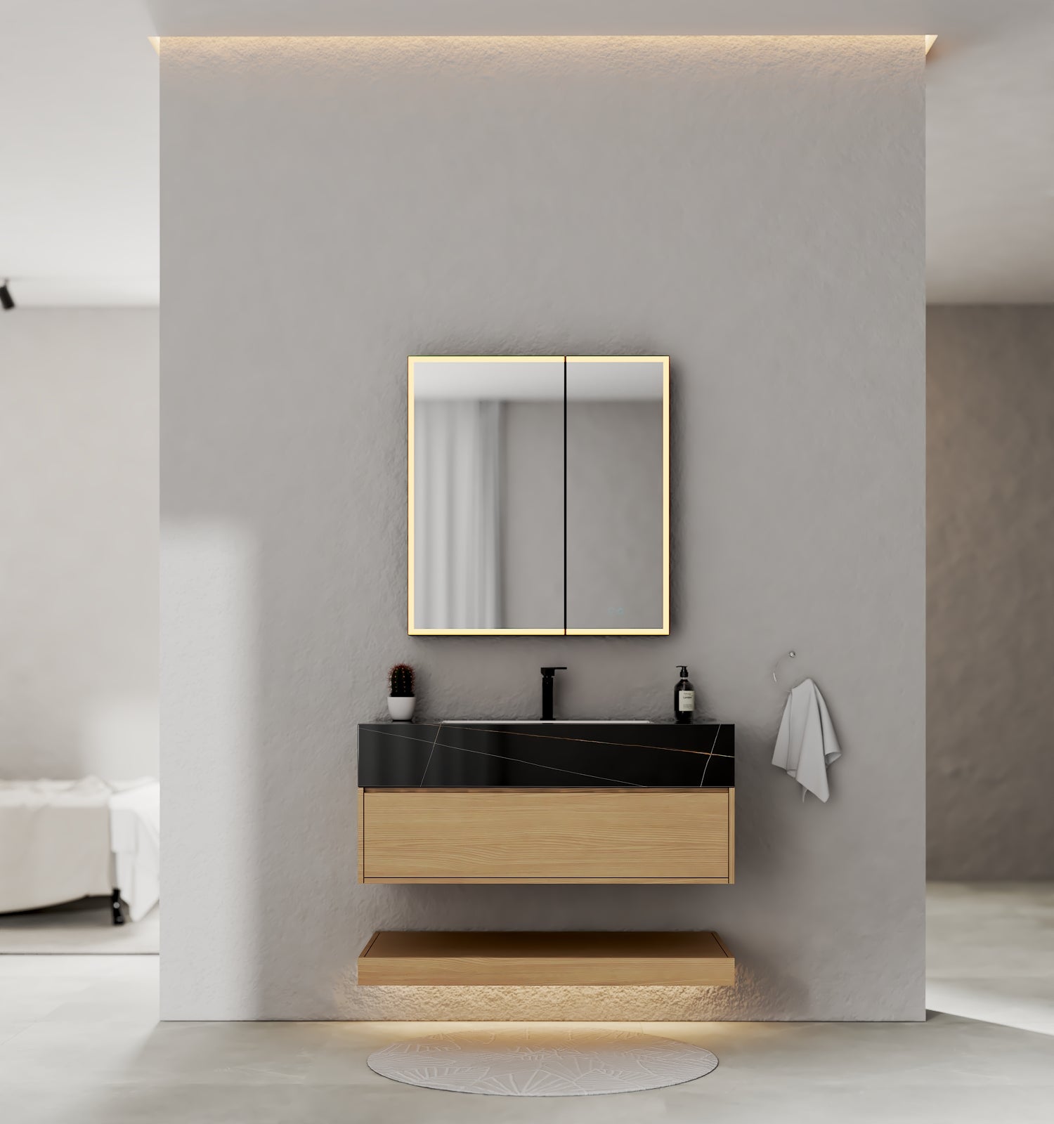 32", 36", 40" Nature Oak Hotel-Style Floating Bathroom Vanity With Sintered Stone Top