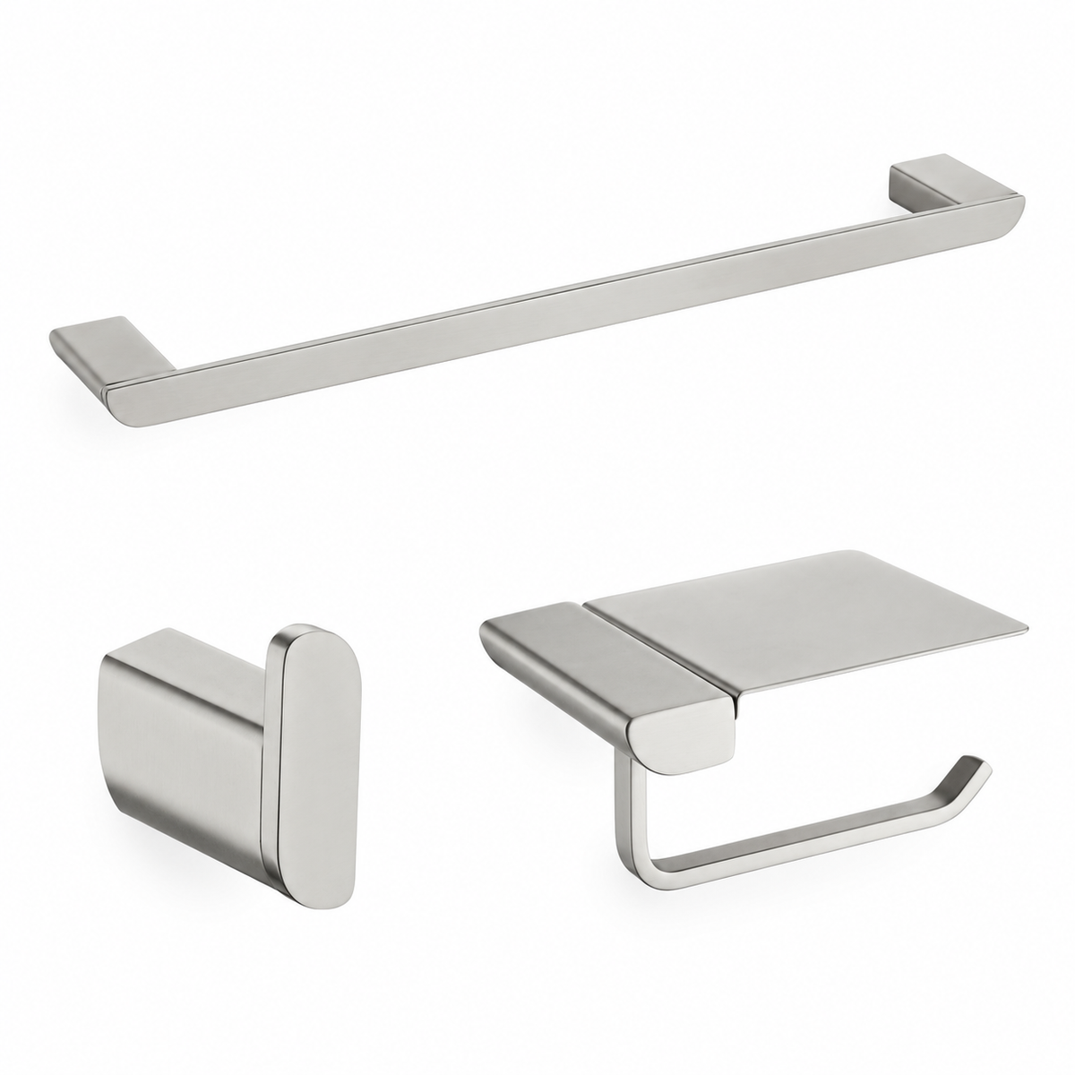 SUS304 stainless steel BH01 bathroom hardware set in brushed nickel – towel bar, robe hook, toilet paper holder