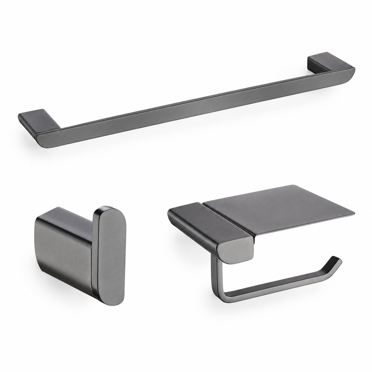 SUS304 stainless steel BH01 bathroom hardware set in gunmetal black – towel bar, robe hook, toilet paper holder