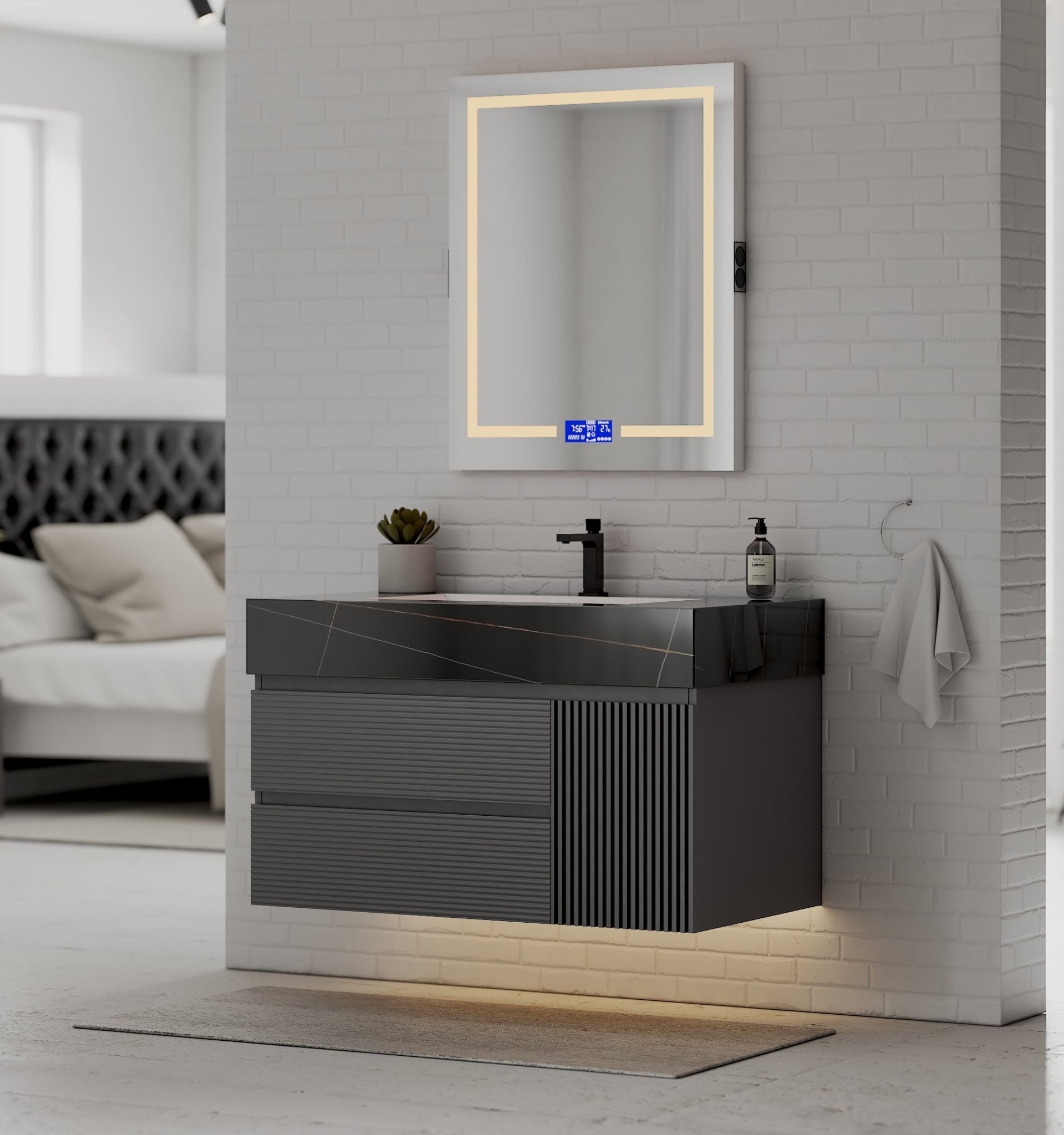 40"/ 48" Dark Grey Fluted Floating Vanity with Seamless Stone Sink - VanityBlack Marquina Gold Veins NeoNova Decor