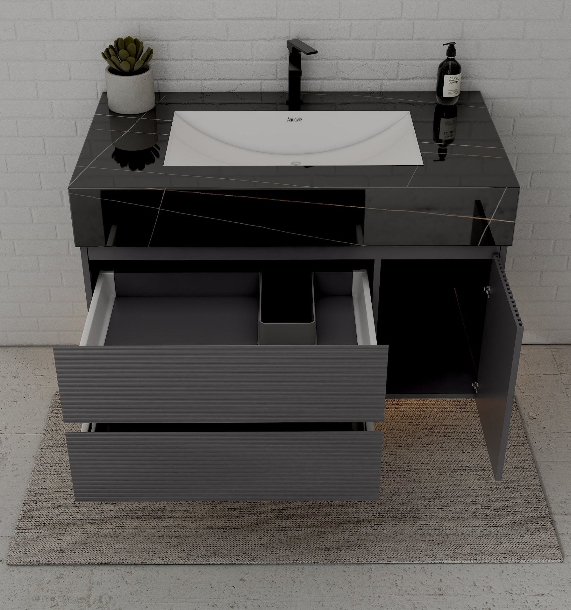 40"/ 48" Dark Grey Fluted Floating Vanity with Seamless Stone Sink - VanityBlack Marquina Gold Veins NeoNova Decor
