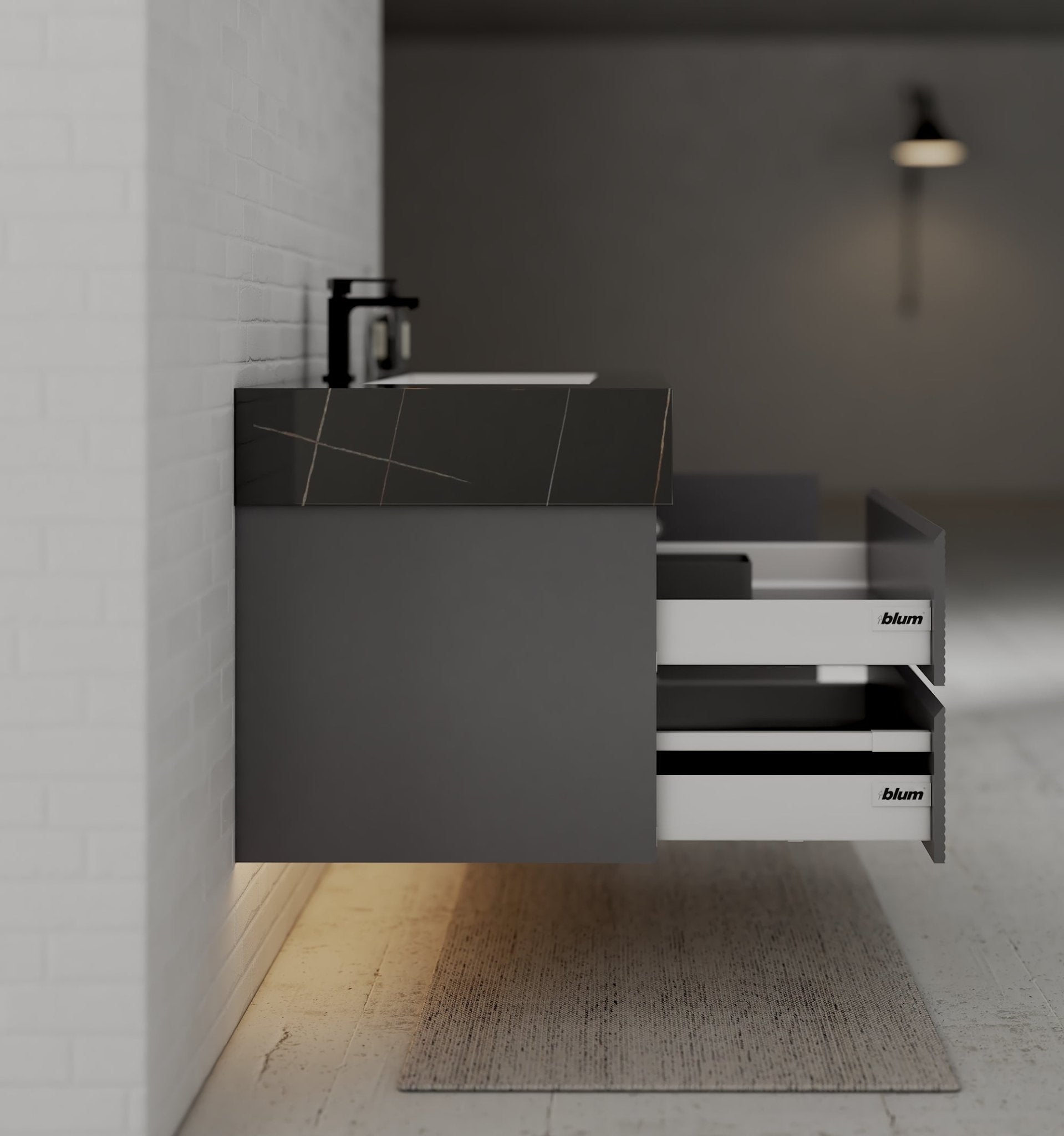 40"/ 48" Dark Grey Fluted Floating Vanity with Seamless Stone Sink - VanityBlack Marquina Gold Veins NeoNova Decor