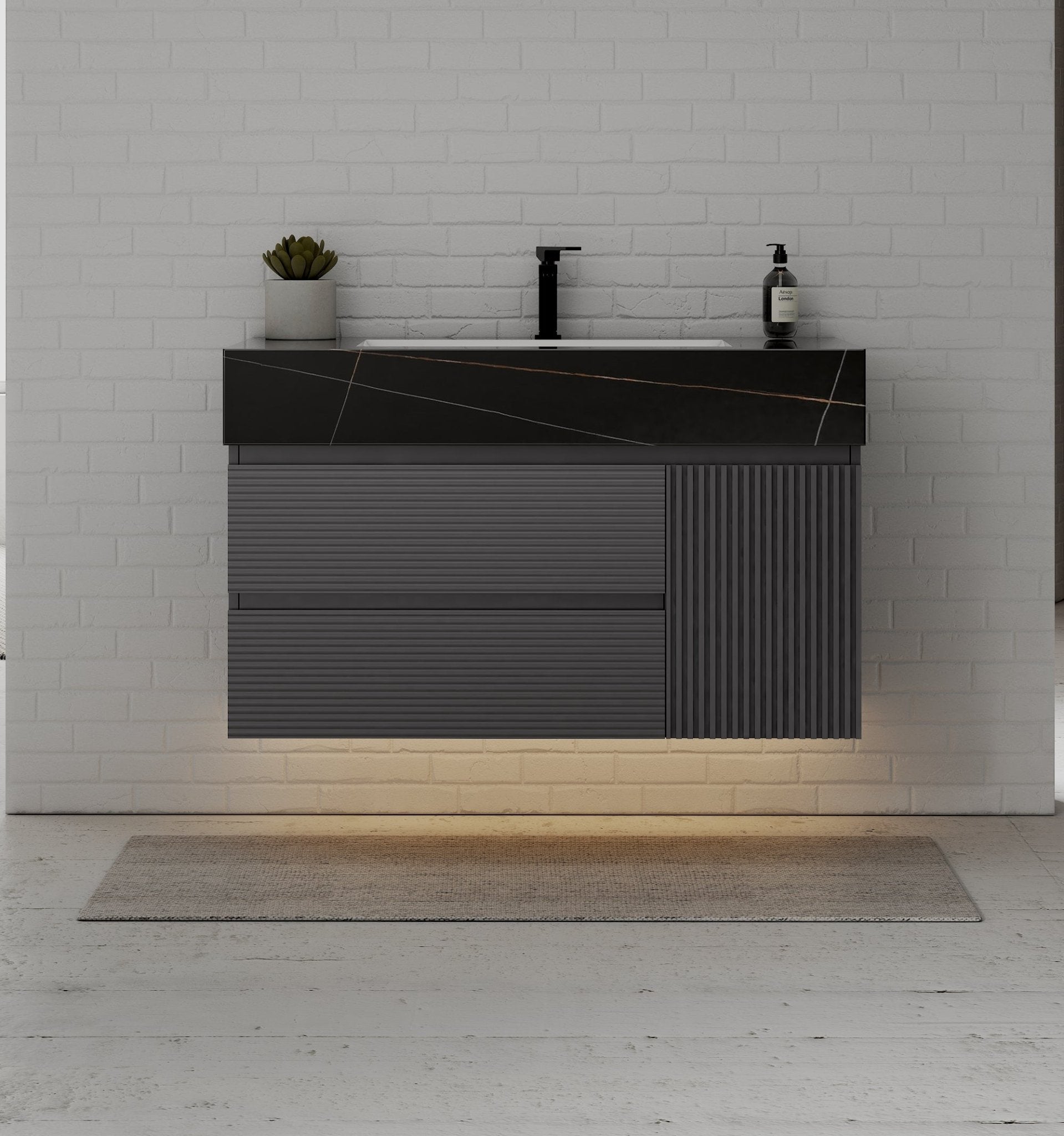 40"/ 48" Dark Grey Fluted Floating Vanity with Seamless Stone Sink - VanityBlack Marquina Gold Veins NeoNova Decor