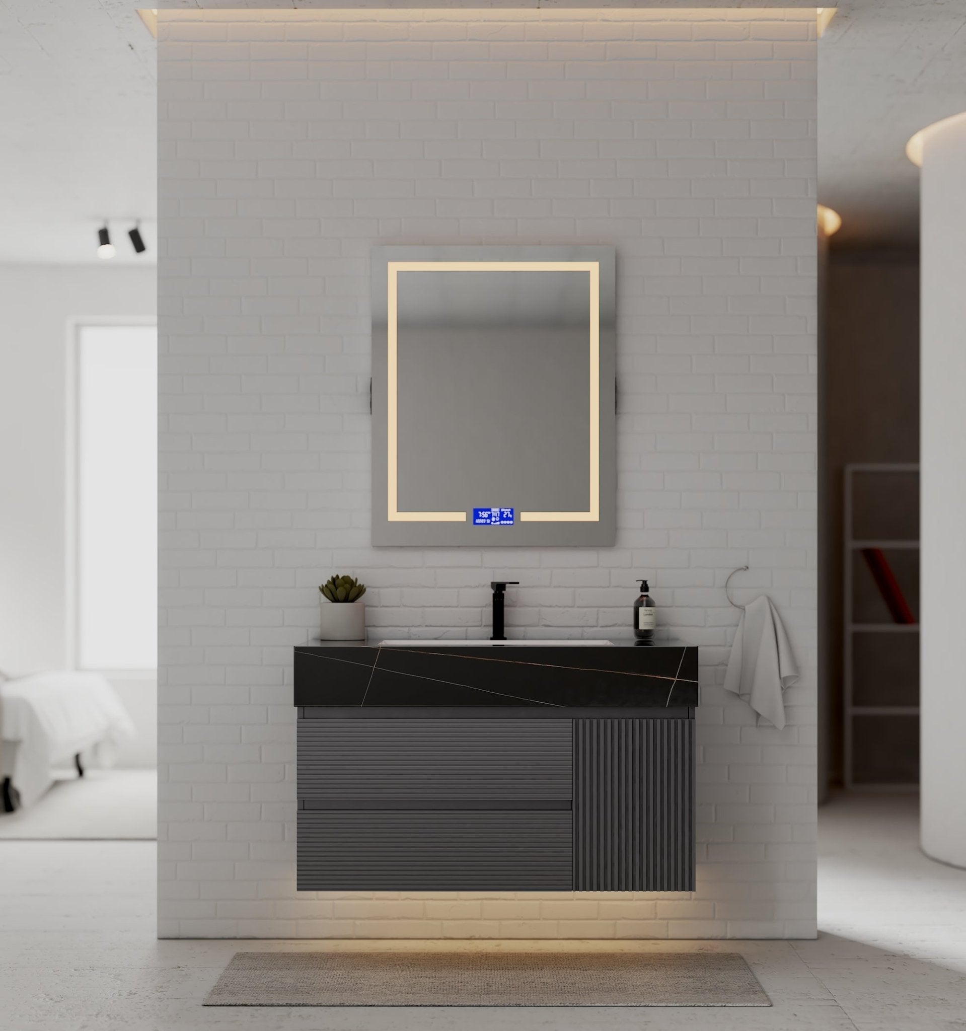 40"/ 48" Dark Grey Fluted Floating Vanity with Seamless Stone Sink - VanityBlack Marquina Gold Veins NeoNova Decor