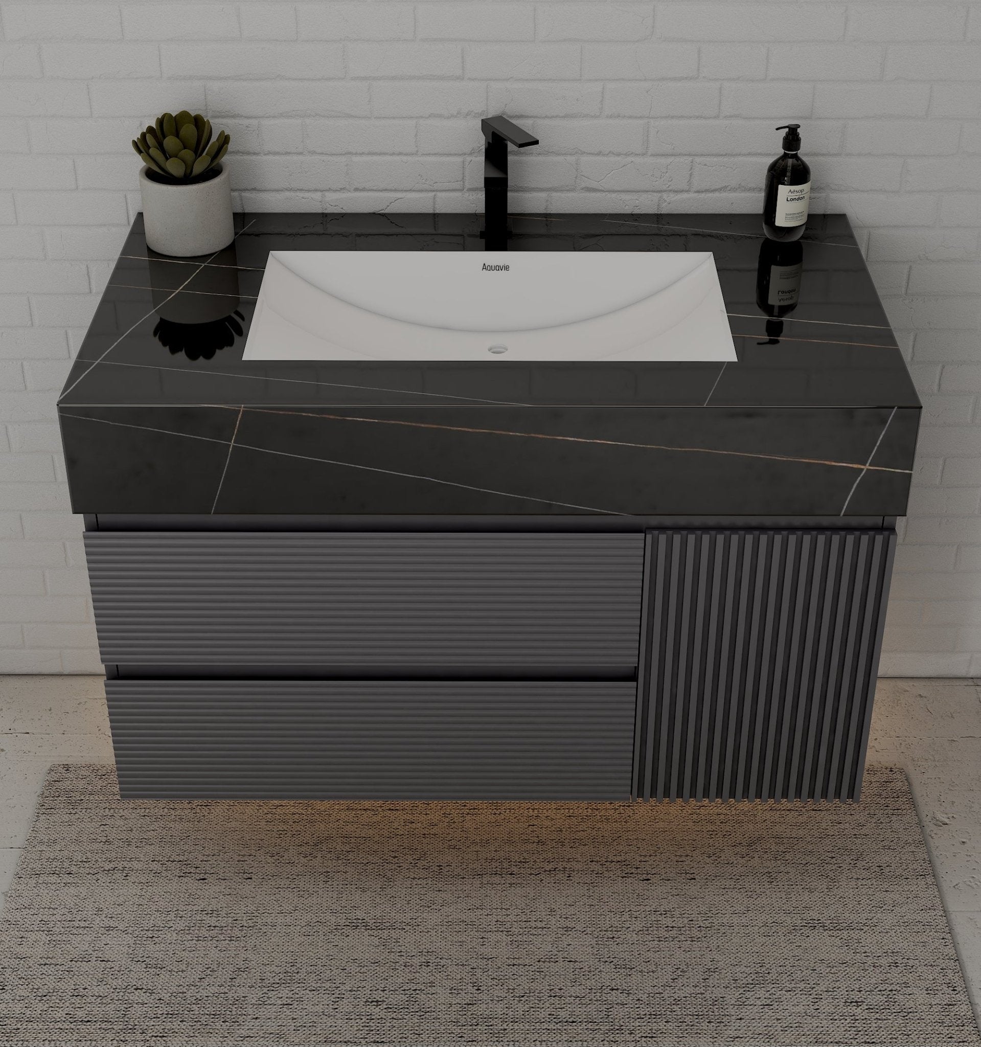40"/ 48" Dark Grey Fluted Floating Vanity with Seamless Stone Sink - VanityBlack Marquina Gold Veins NeoNova Decor