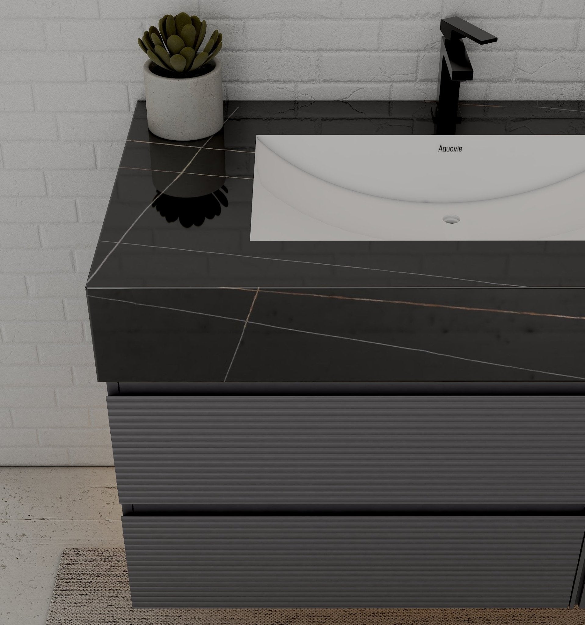 40"/ 48" Dark Grey Fluted Floating Vanity with Seamless Stone Sink - VanityBlack Marquina Gold Veins NeoNova Decor