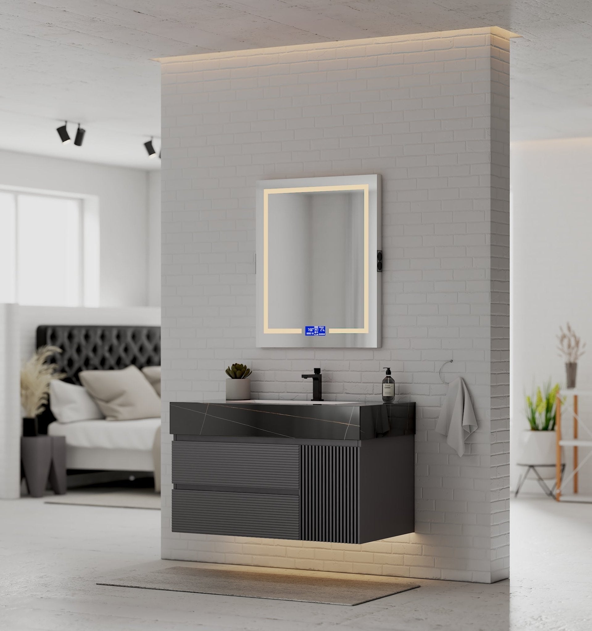 40"/ 48" Dark Grey Fluted Floating Vanity with Seamless Stone Sink - VanityBlack Marquina Gold Veins NeoNova Decor