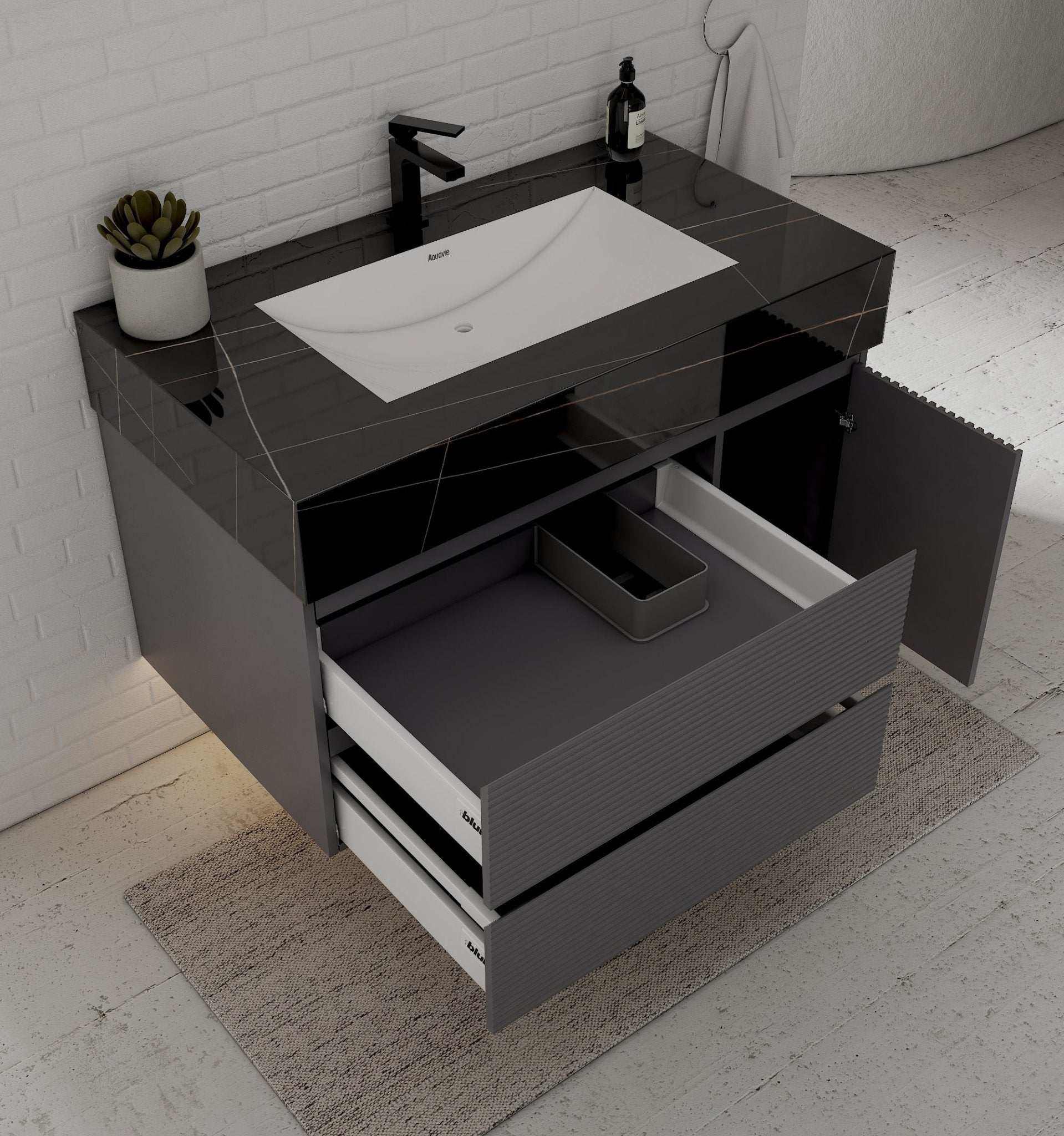 40"/ 48" Dark Grey Fluted Floating Vanity with Seamless Stone Sink - VanityBlack Marquina Gold Veins NeoNova Decor