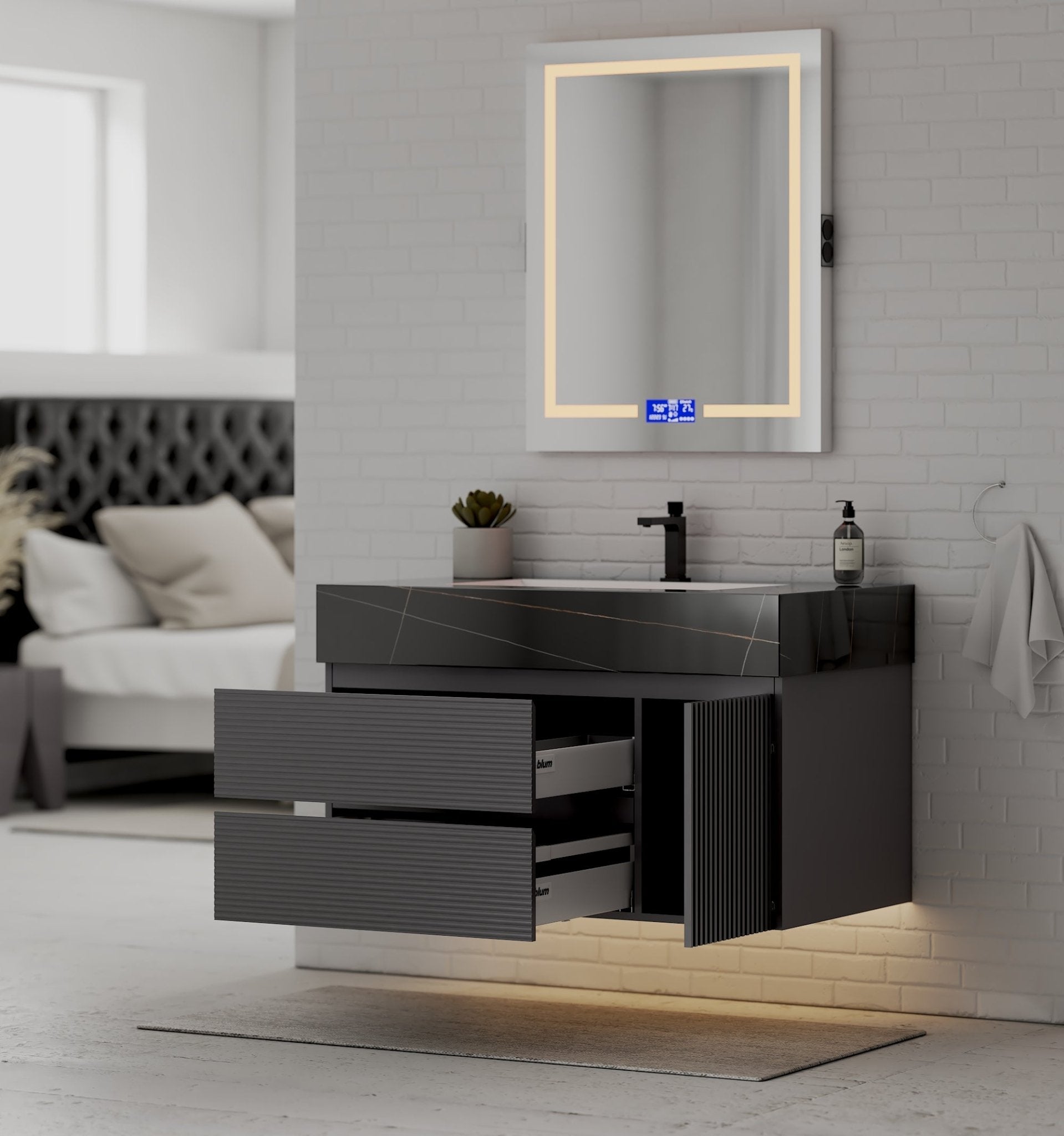 40"/ 48" Dark Grey Fluted Floating Vanity with Seamless Stone Sink - VanityBlack Marquina Gold Veins NeoNova Decor