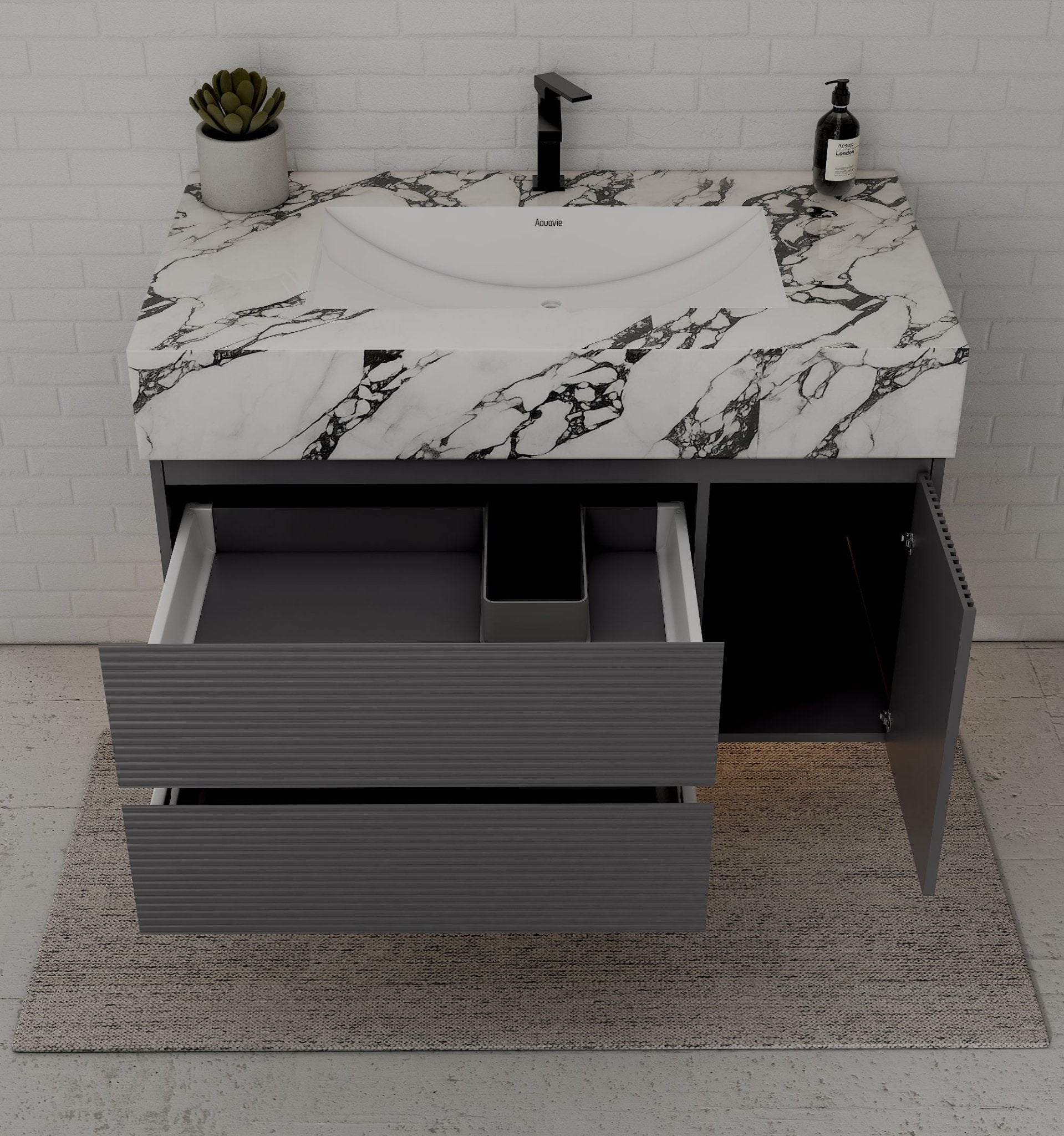 40"/ 48" Dark Grey Fluted Floating Vanity with Seamless Stone Sink - VanityCalacatta Black NeoNova Decor