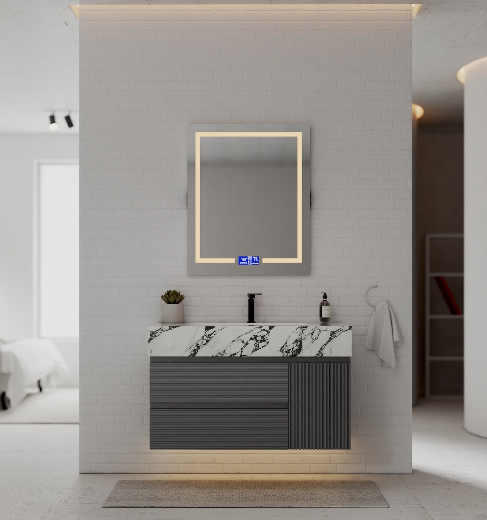 40"/ 48" Dark Grey Fluted Floating Vanity with Seamless Stone Sink - VanityCalacatta Black NeoNova Decor