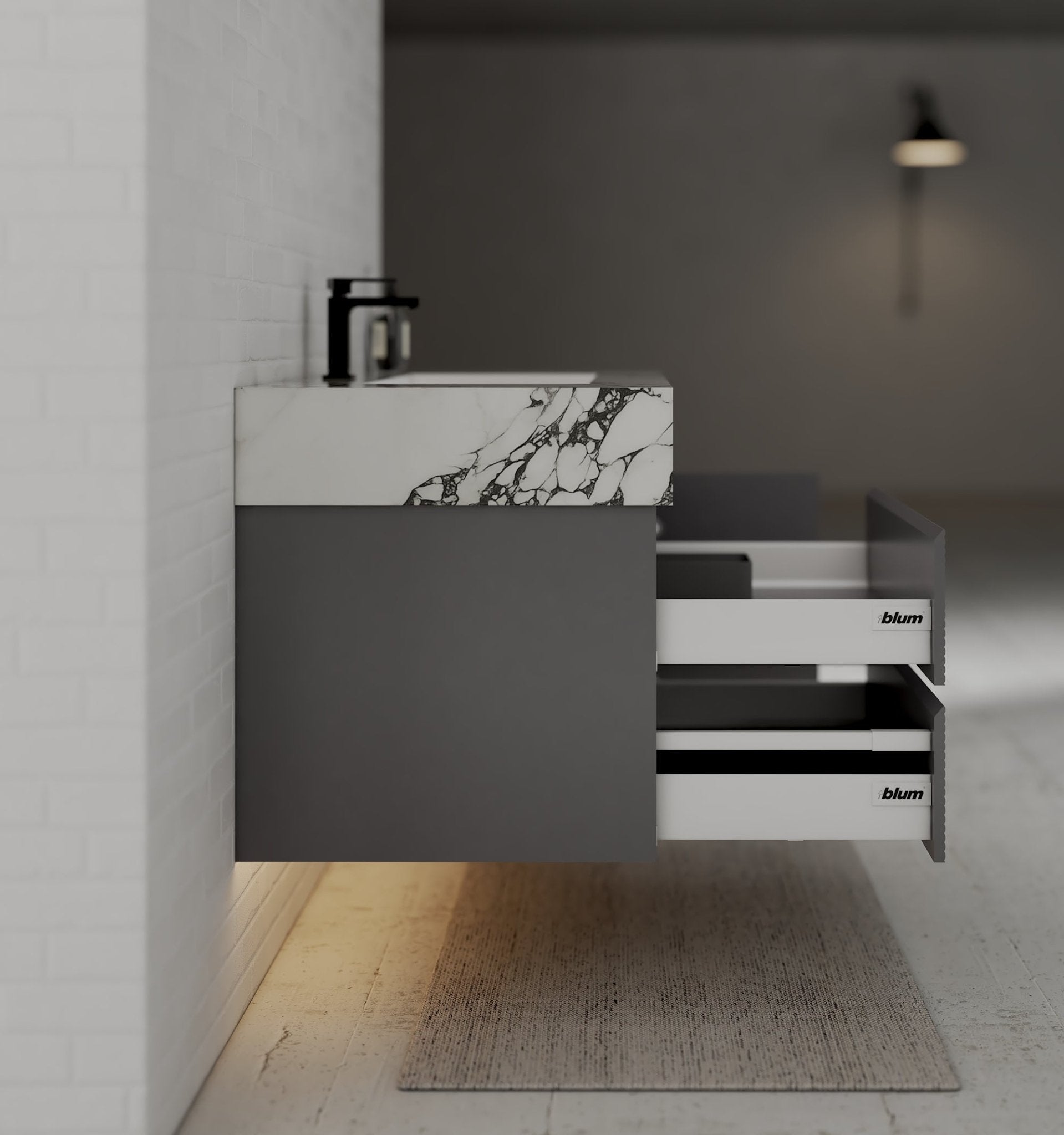 40"/ 48" Dark Grey Fluted Floating Vanity with Seamless Stone Sink - VanityCalacatta Black NeoNova Decor