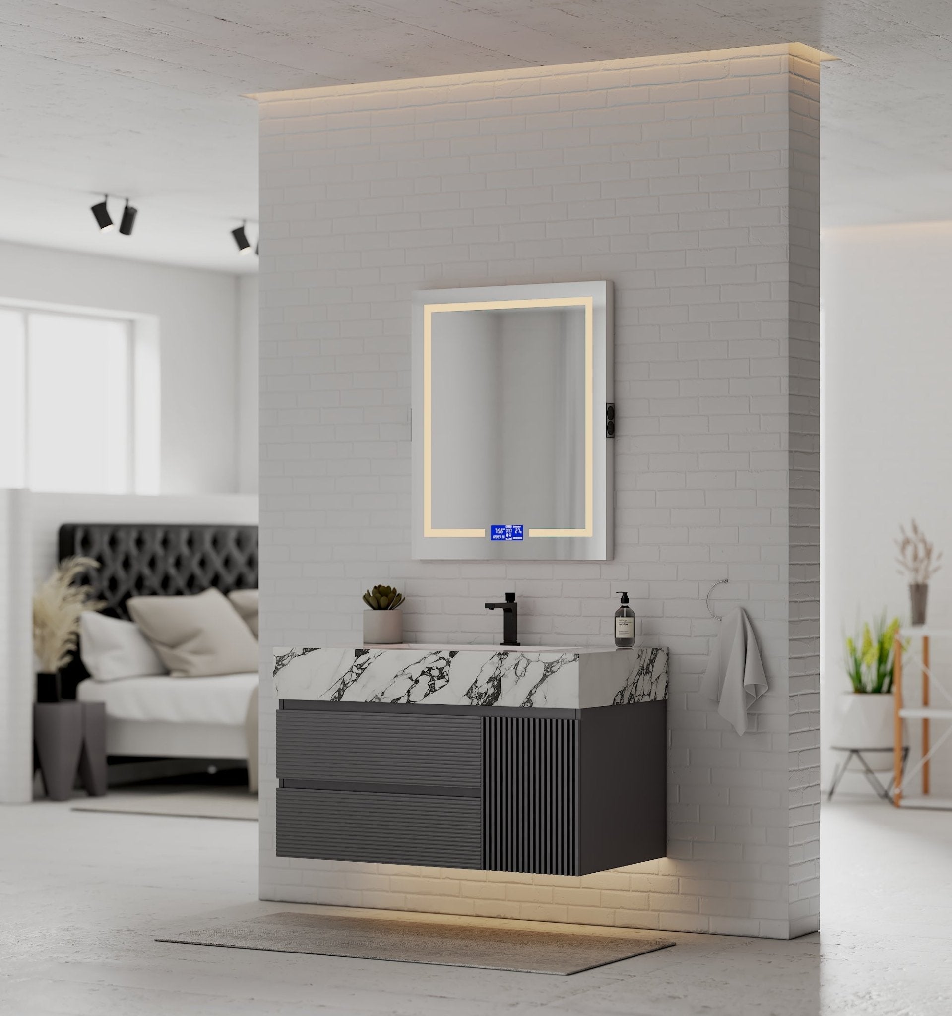 40"/ 48" Dark Grey Fluted Floating Vanity with Seamless Stone Sink - VanityCalacatta Black NeoNova Decor