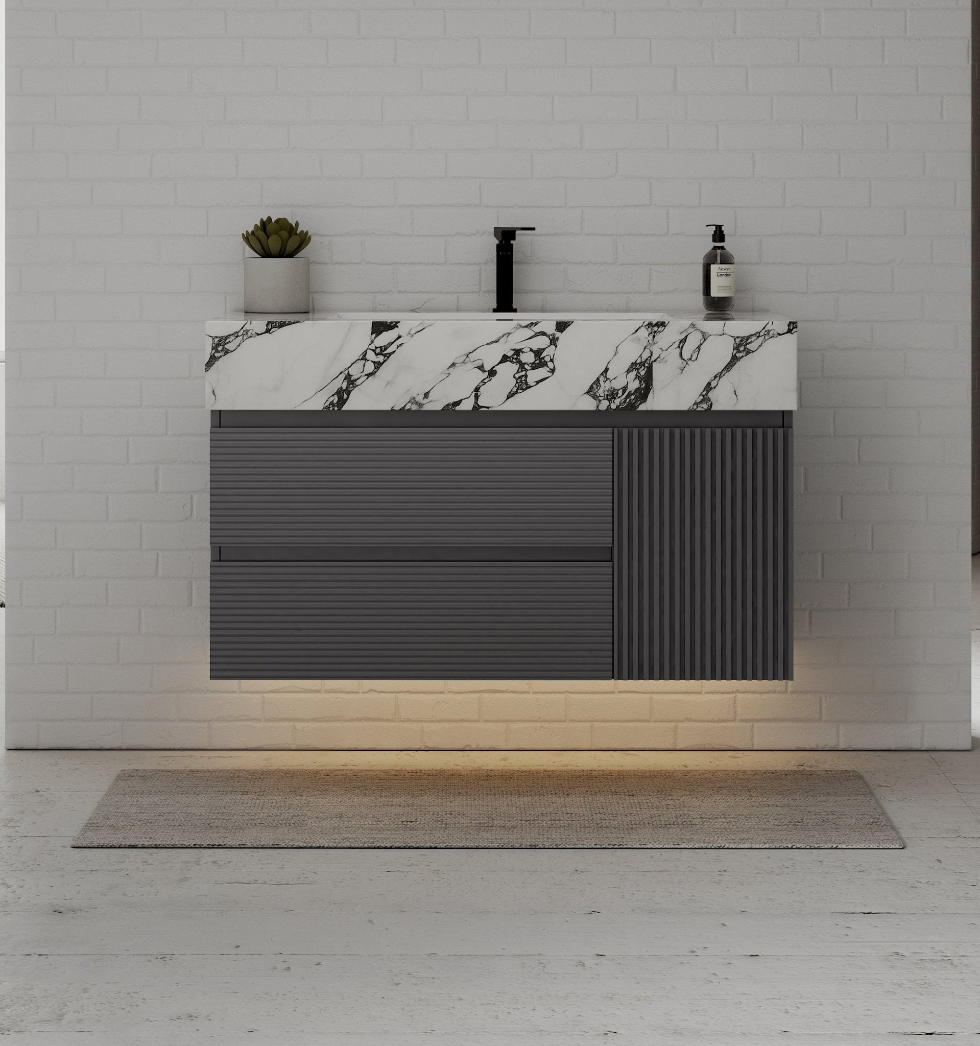 40"/ 48" Dark Grey Fluted Floating Vanity with Seamless Stone Sink - VanityCalacatta Black NeoNova Decor