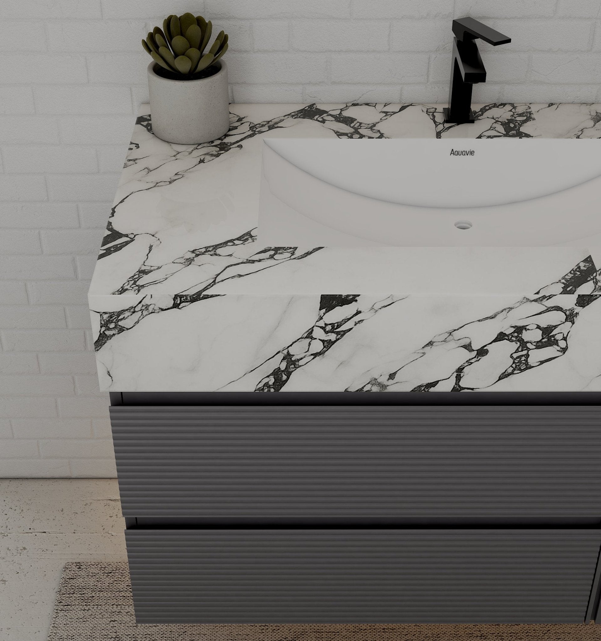 40"/ 48" Dark Grey Fluted Floating Vanity with Seamless Stone Sink - VanityCalacatta Black NeoNova Decor