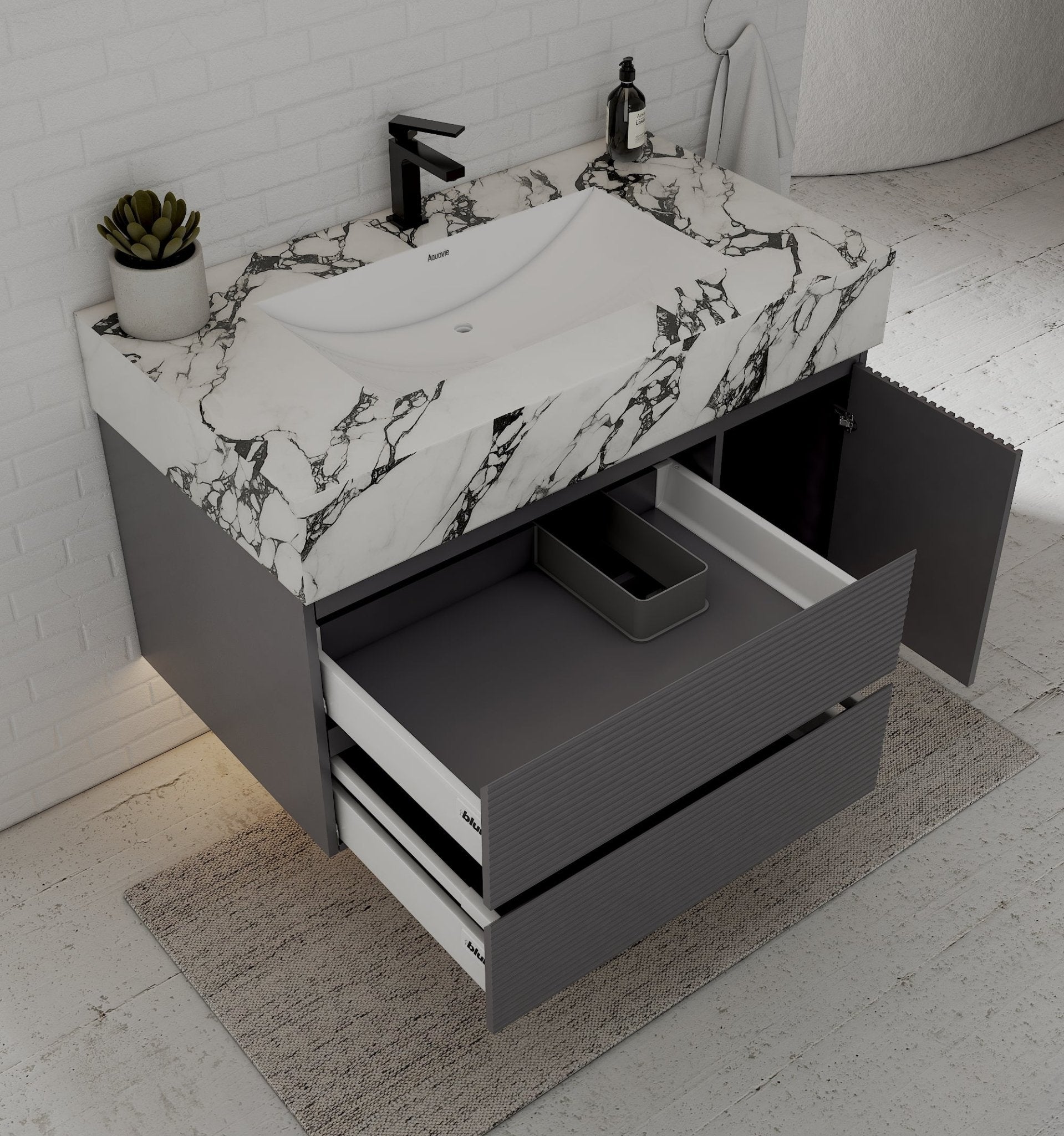 40"/ 48" Dark Grey Fluted Floating Vanity with Seamless Stone Sink - VanityCalacatta Black NeoNova Decor