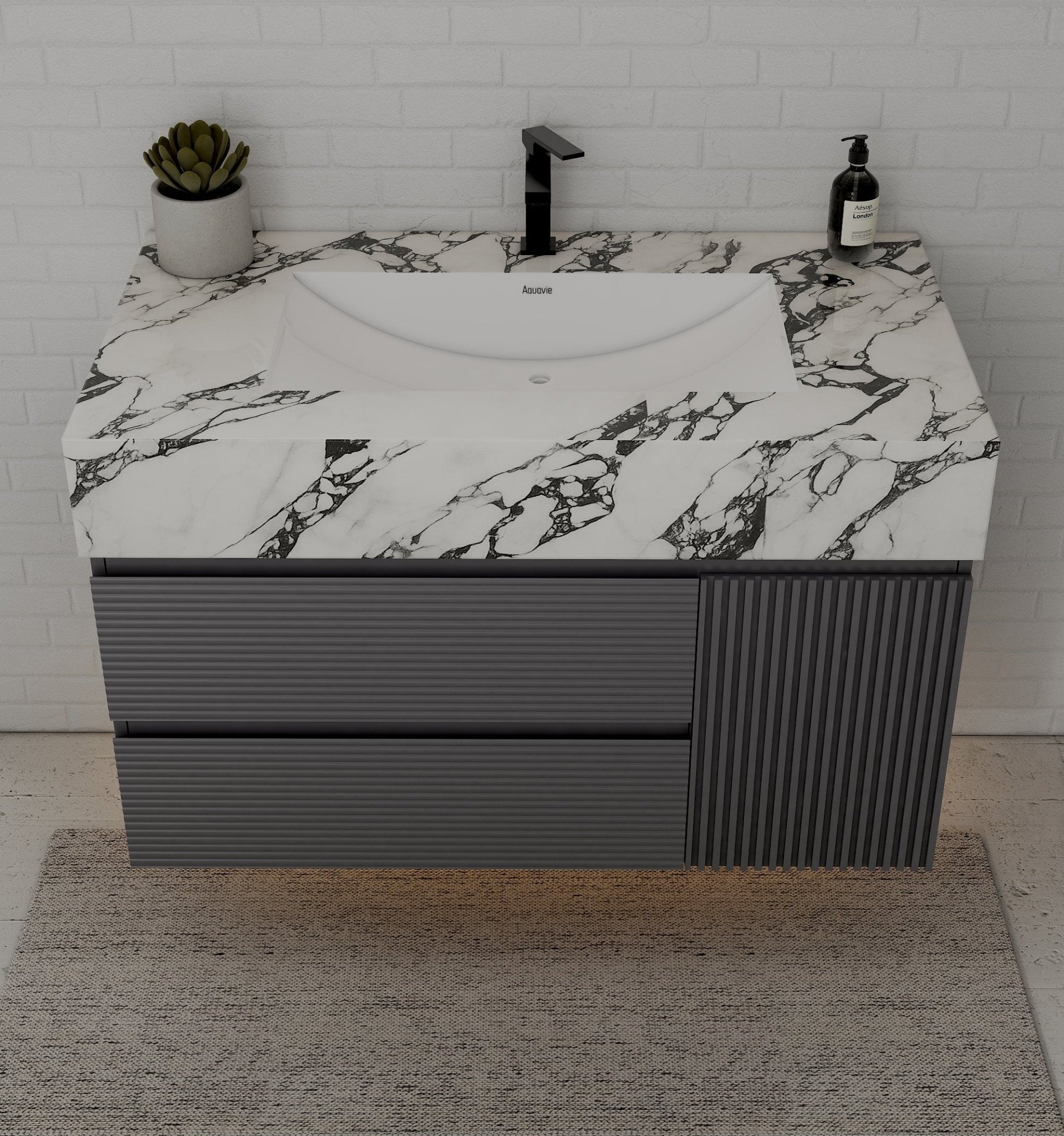 40"/ 48" Dark Grey Fluted Floating Vanity with Seamless Stone Sink - VanityCalacatta Black NeoNova Decor
