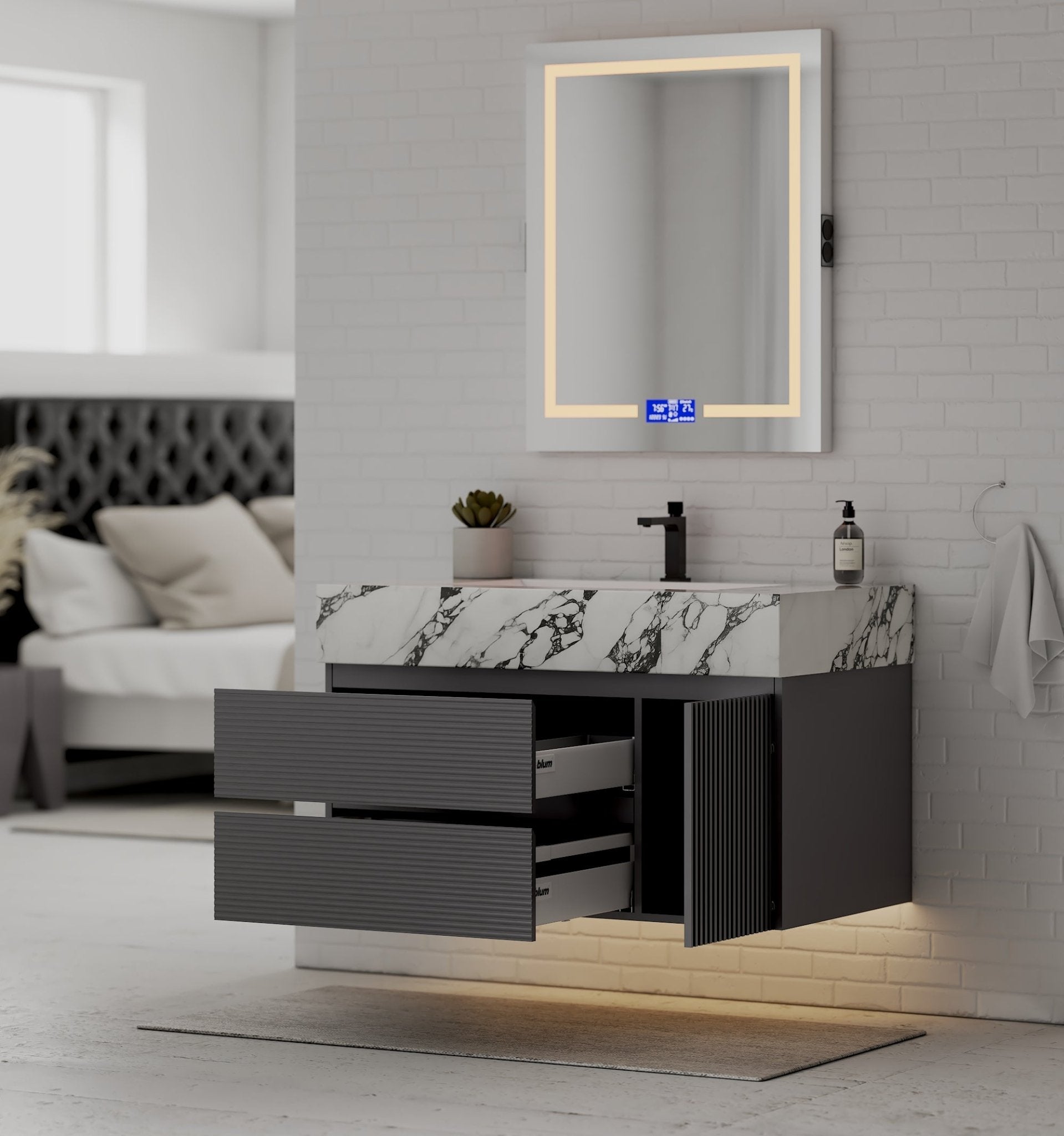 40"/ 48" Dark Grey Fluted Floating Vanity with Seamless Stone Sink - VanityCalacatta Black NeoNova Decor