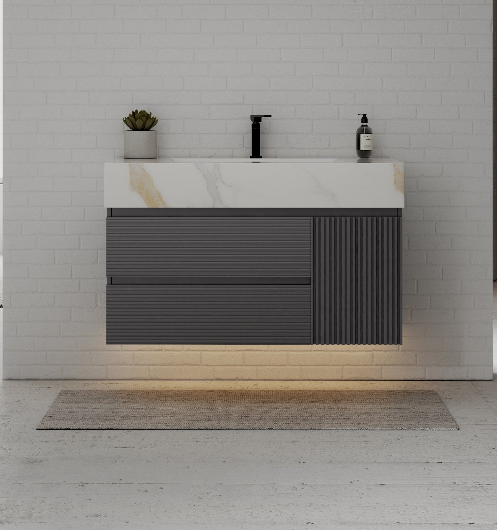 40"/ 48" Dark Grey Fluted Floating Vanity with Seamless Stone Sink - VanityCalacatta Gold NeoNova Decor