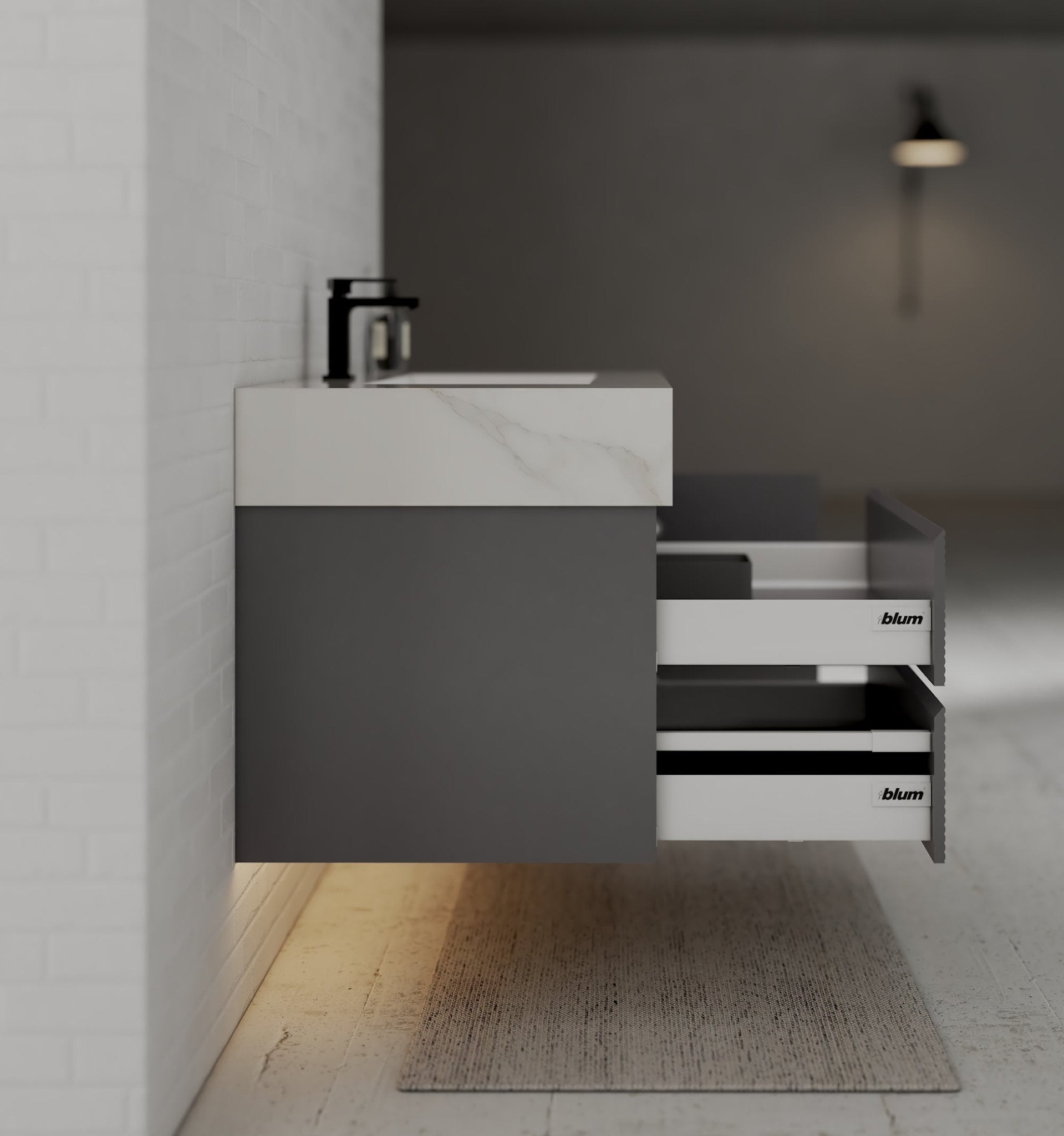 40"/ 48" Dark Grey Fluted Floating Vanity with Seamless Stone Sink - VanityCalacatta Gold NeoNova Decor