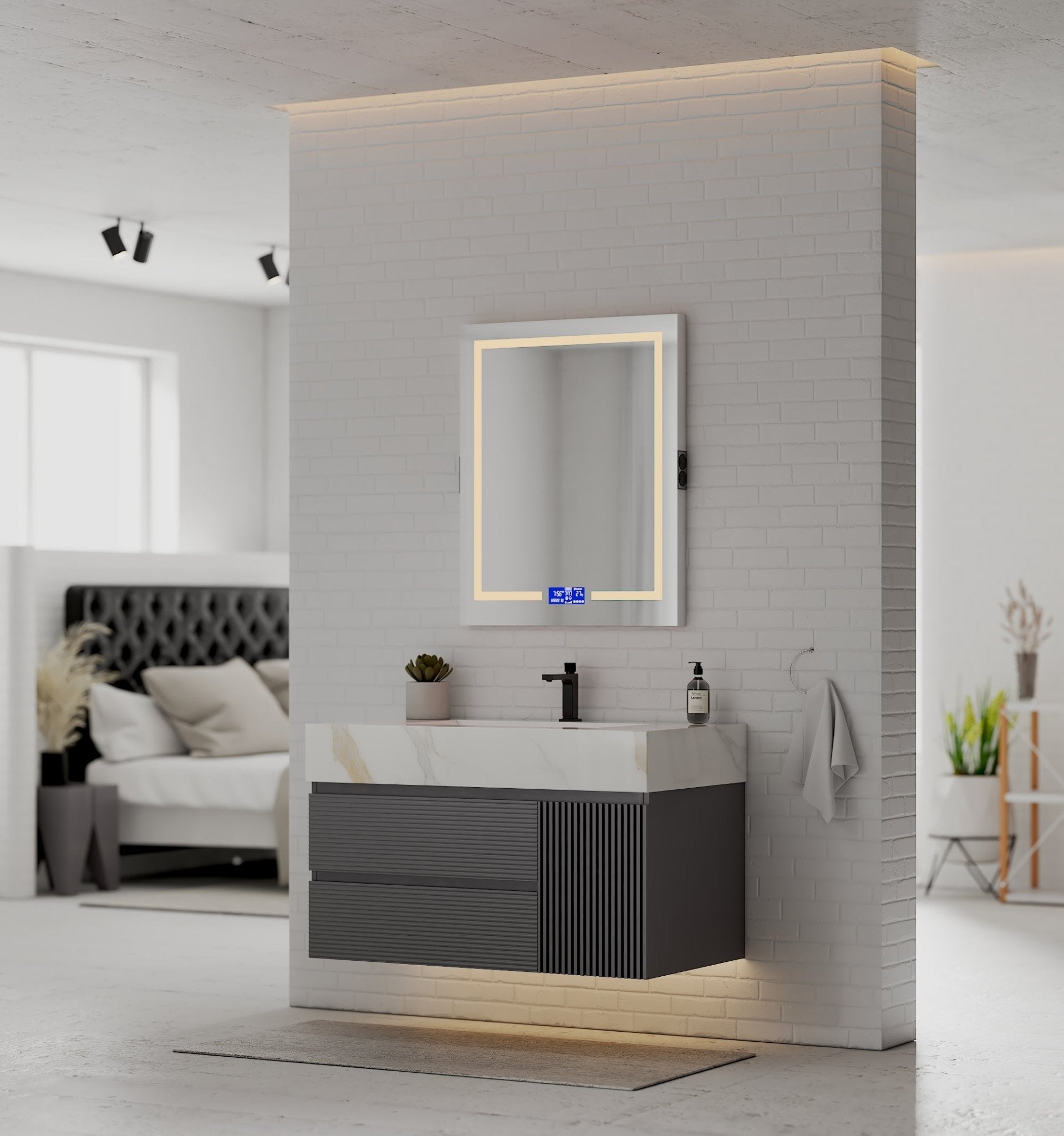 40"/ 48" Dark Grey Fluted Floating Vanity with Seamless Stone Sink - VanityCalacatta Gold NeoNova Decor