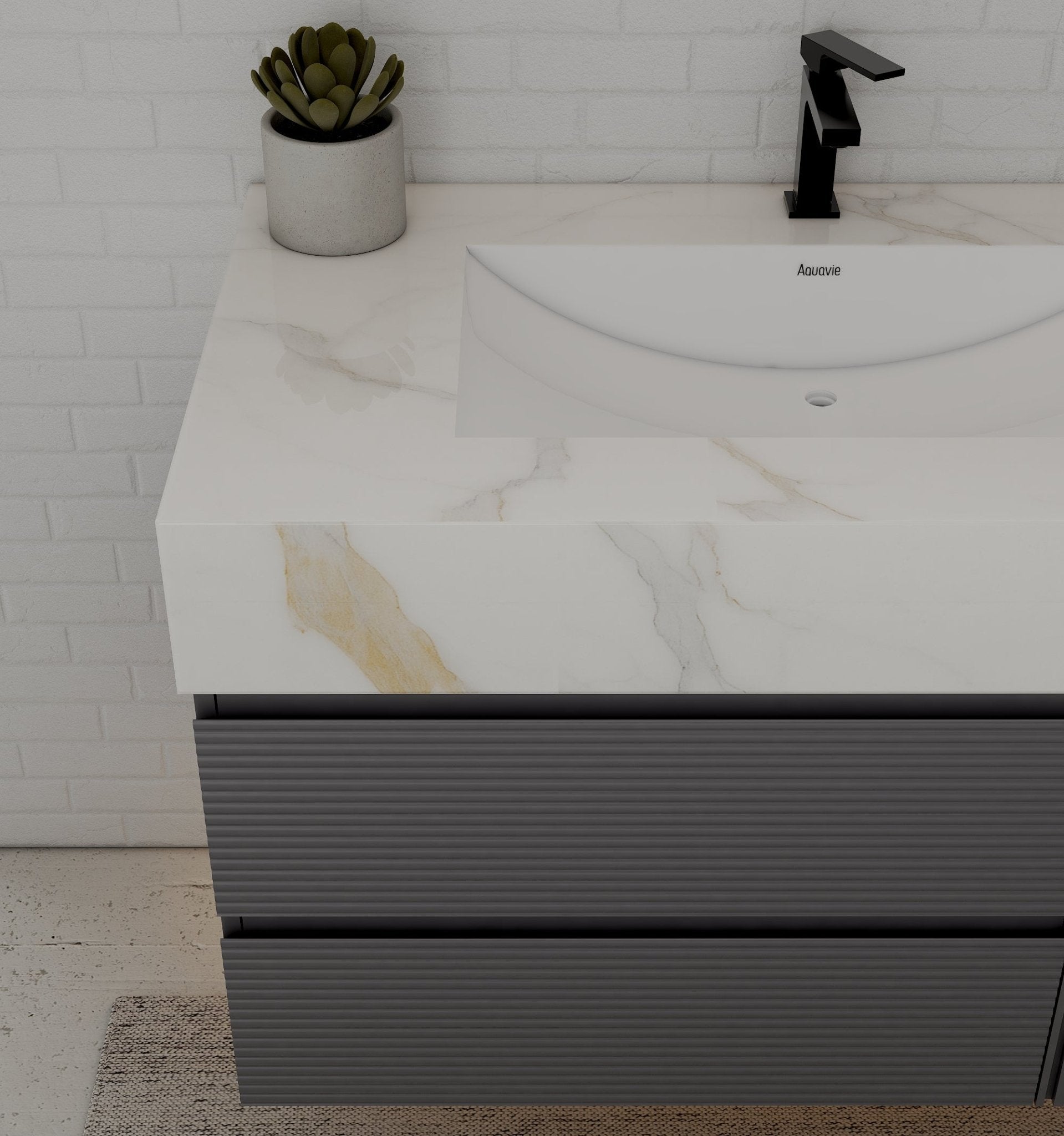 40"/ 48" Dark Grey Fluted Floating Vanity with Seamless Stone Sink - VanityCalacatta Gold NeoNova Decor