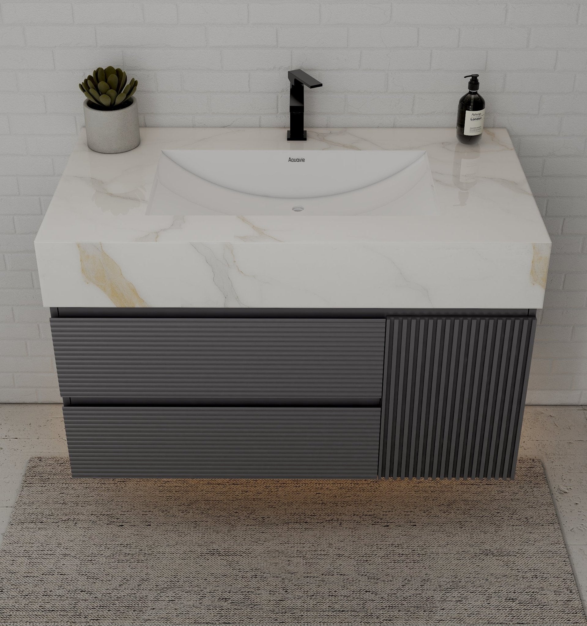 40"/ 48" Dark Grey Fluted Floating Vanity with Seamless Stone Sink - VanityCalacatta Gold NeoNova Decor