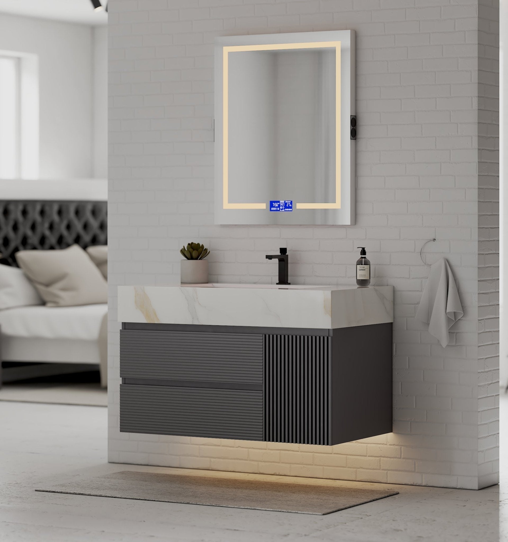 40"/ 48" Dark Grey Fluted Floating Vanity with Seamless Stone Sink - VanityCalacatta Gold NeoNova Decor