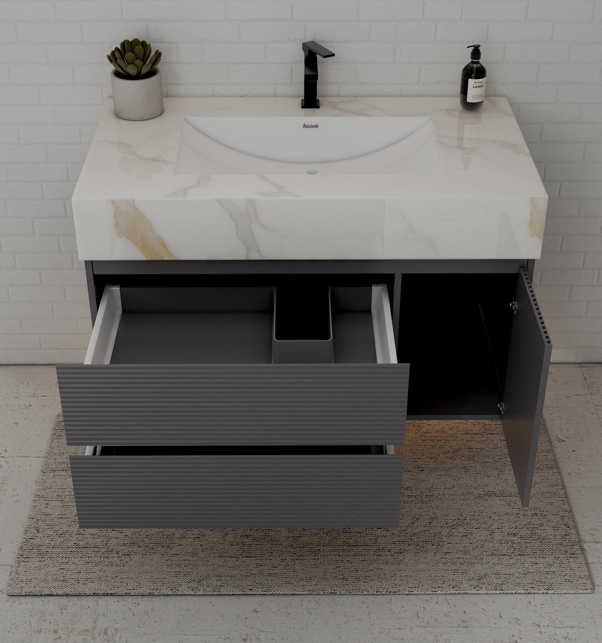 40"/ 48" Dark Grey Fluted Floating Vanity with Seamless Stone Sink - VanityCalacatta Gold NeoNova Decor