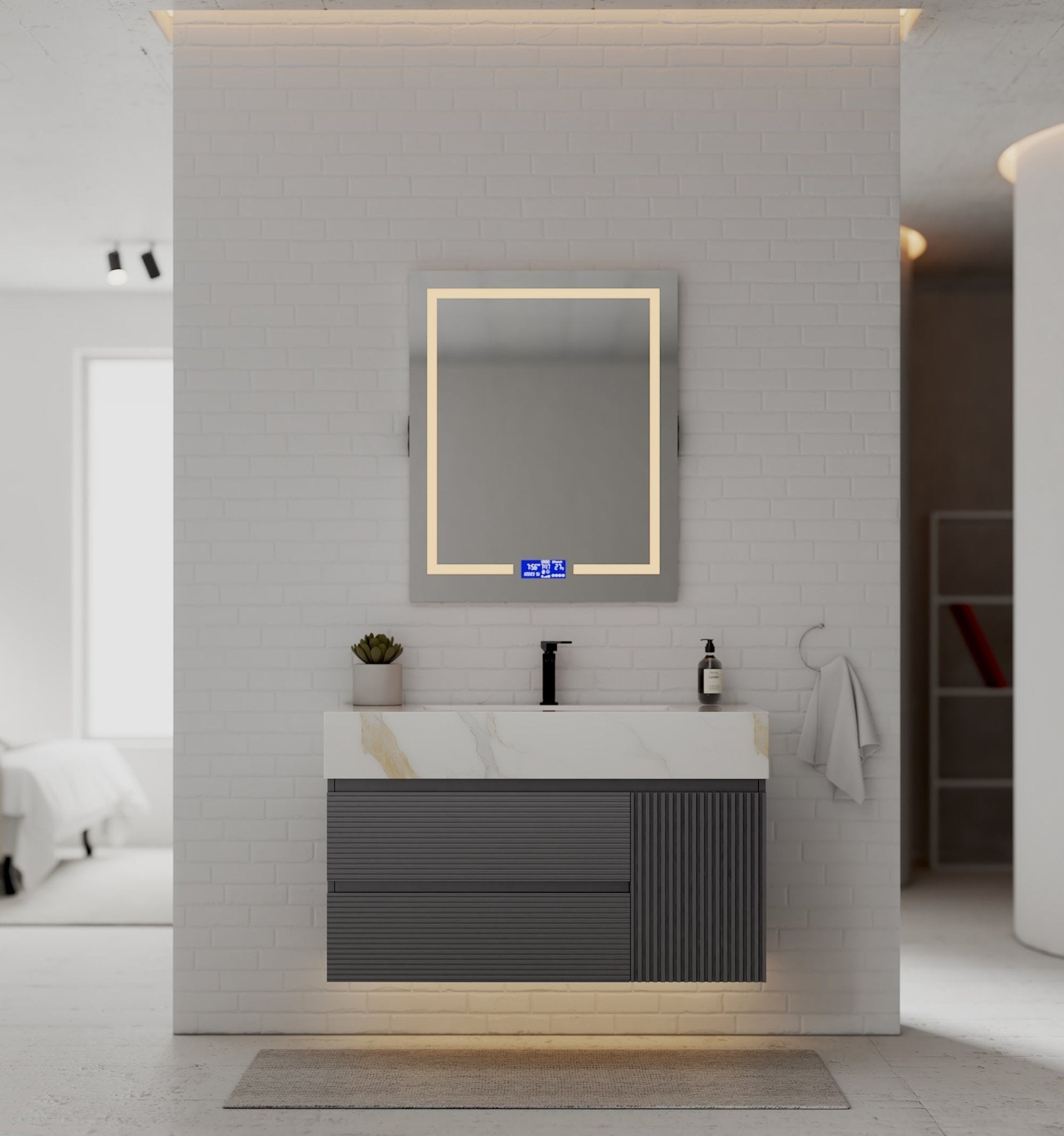 40"/ 48" Dark Grey Fluted Floating Vanity with Seamless Stone Sink - VanityCalacatta Gold NeoNova Decor