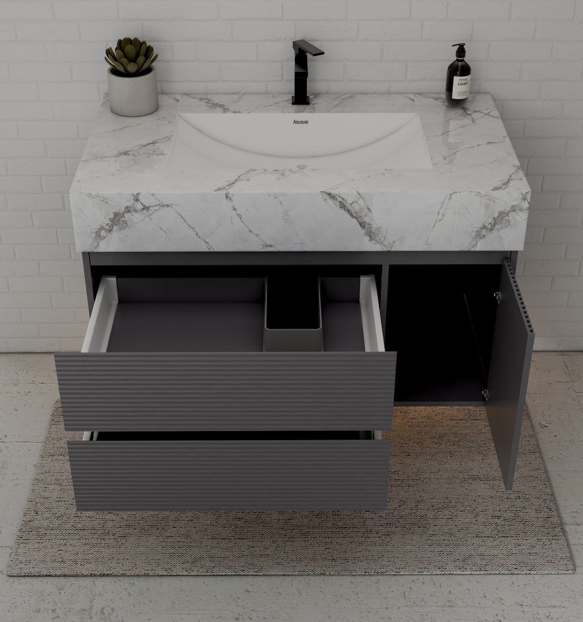 40"/ 48" Dark Grey Fluted Floating Vanity with Seamless Stone Sink - VanityIce Grey NeoNova Decor