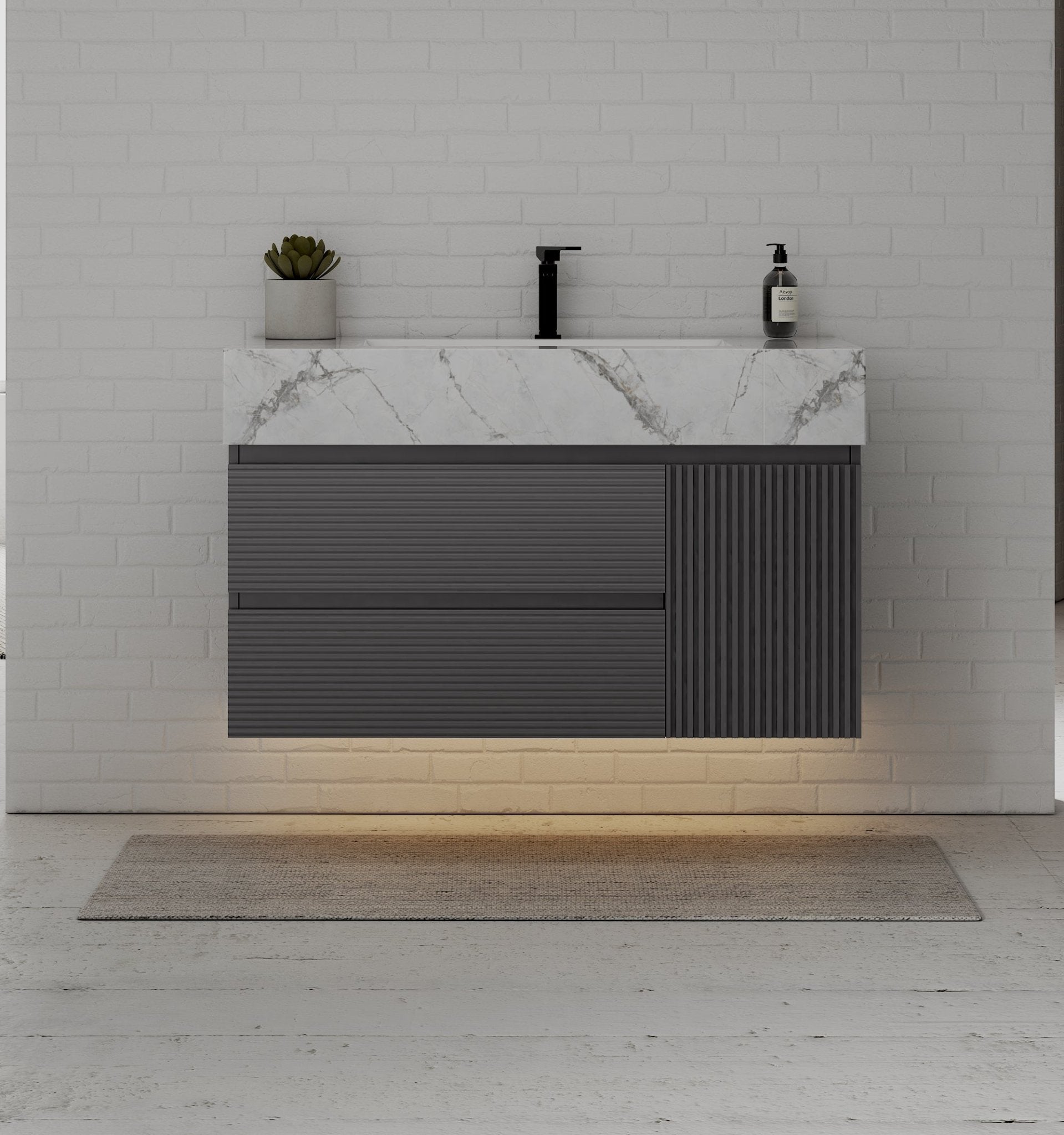 40"/ 48" Dark Grey Fluted Floating Vanity with Seamless Stone Sink - VanityIce Grey NeoNova Decor