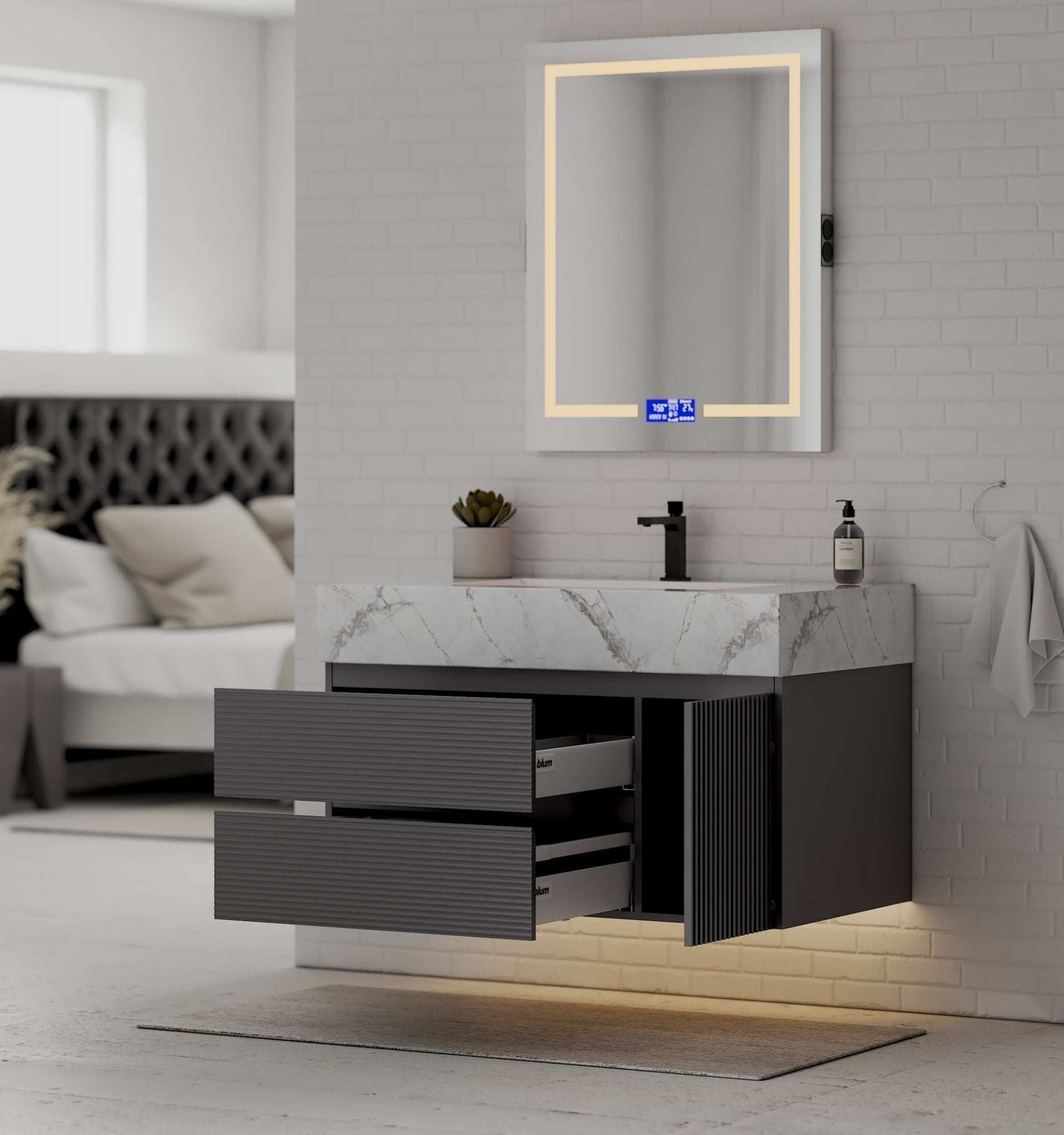 40"/ 48" Dark Grey Fluted Floating Vanity with Seamless Stone Sink - VanityIce Grey NeoNova Decor