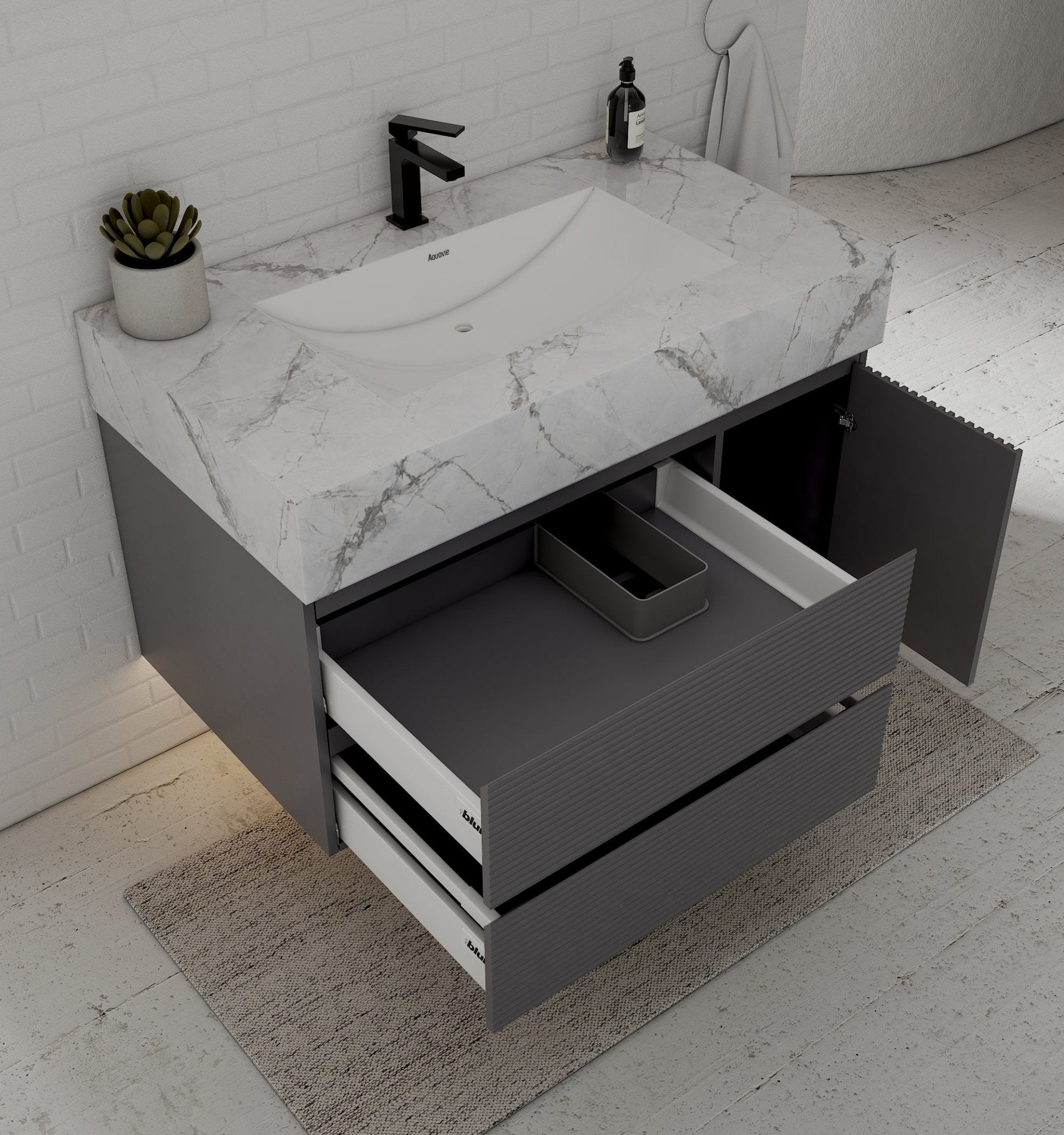 40"/ 48" Dark Grey Fluted Floating Vanity with Seamless Stone Sink - VanityIce Grey NeoNova Decor