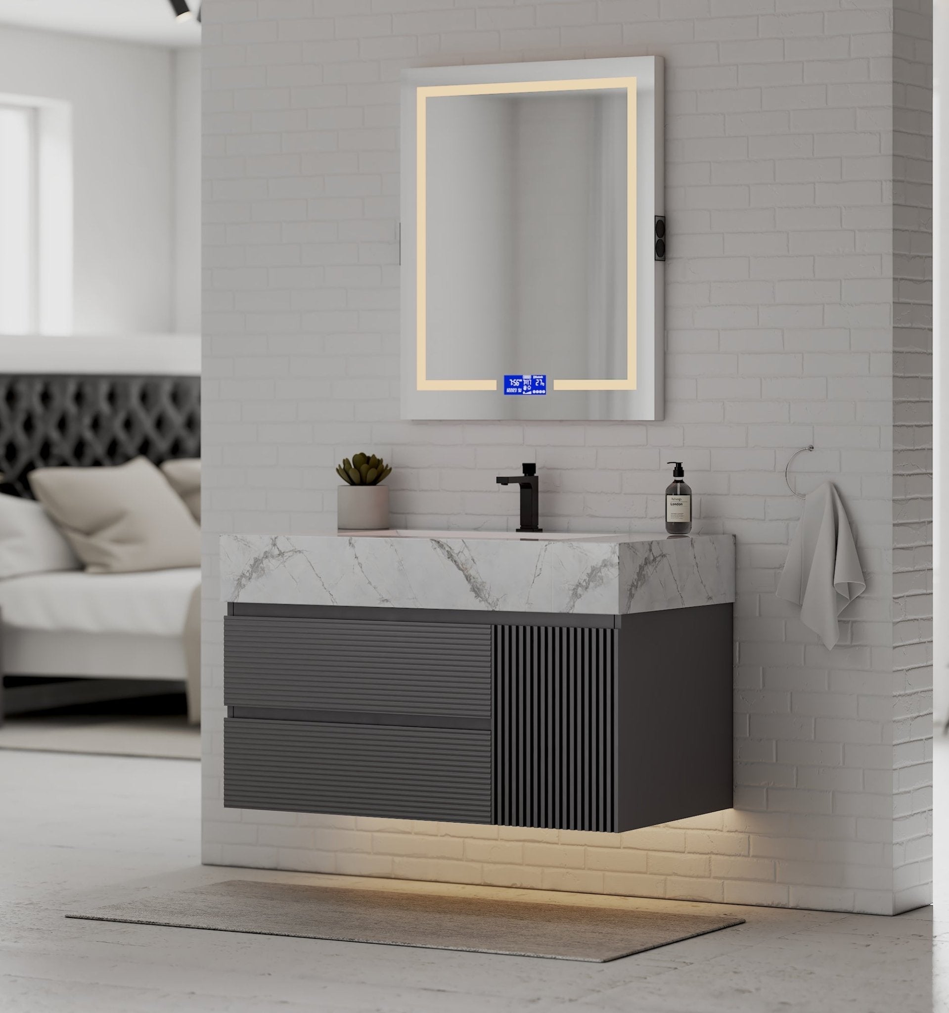 40"/ 48" Dark Grey Fluted Floating Vanity with Seamless Stone Sink - VanityIce Grey NeoNova Decor