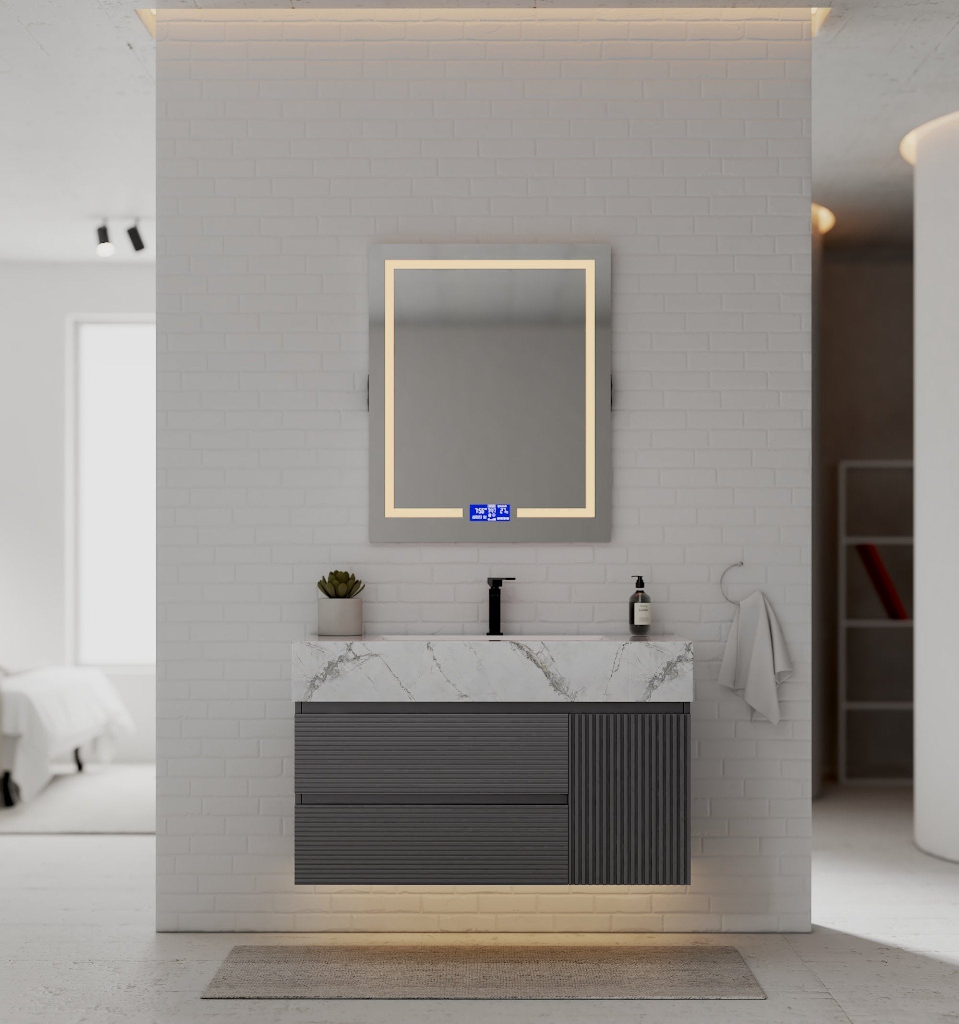 40"/ 48" Dark Grey Fluted Floating Vanity with Seamless Stone Sink - VanityIce Grey NeoNova Decor