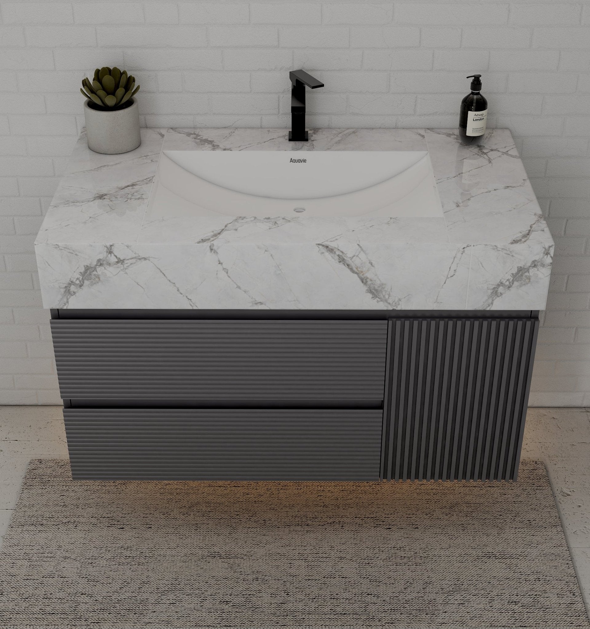 40"/ 48" Dark Grey Fluted Floating Vanity with Seamless Stone Sink - VanityIce Grey NeoNova Decor