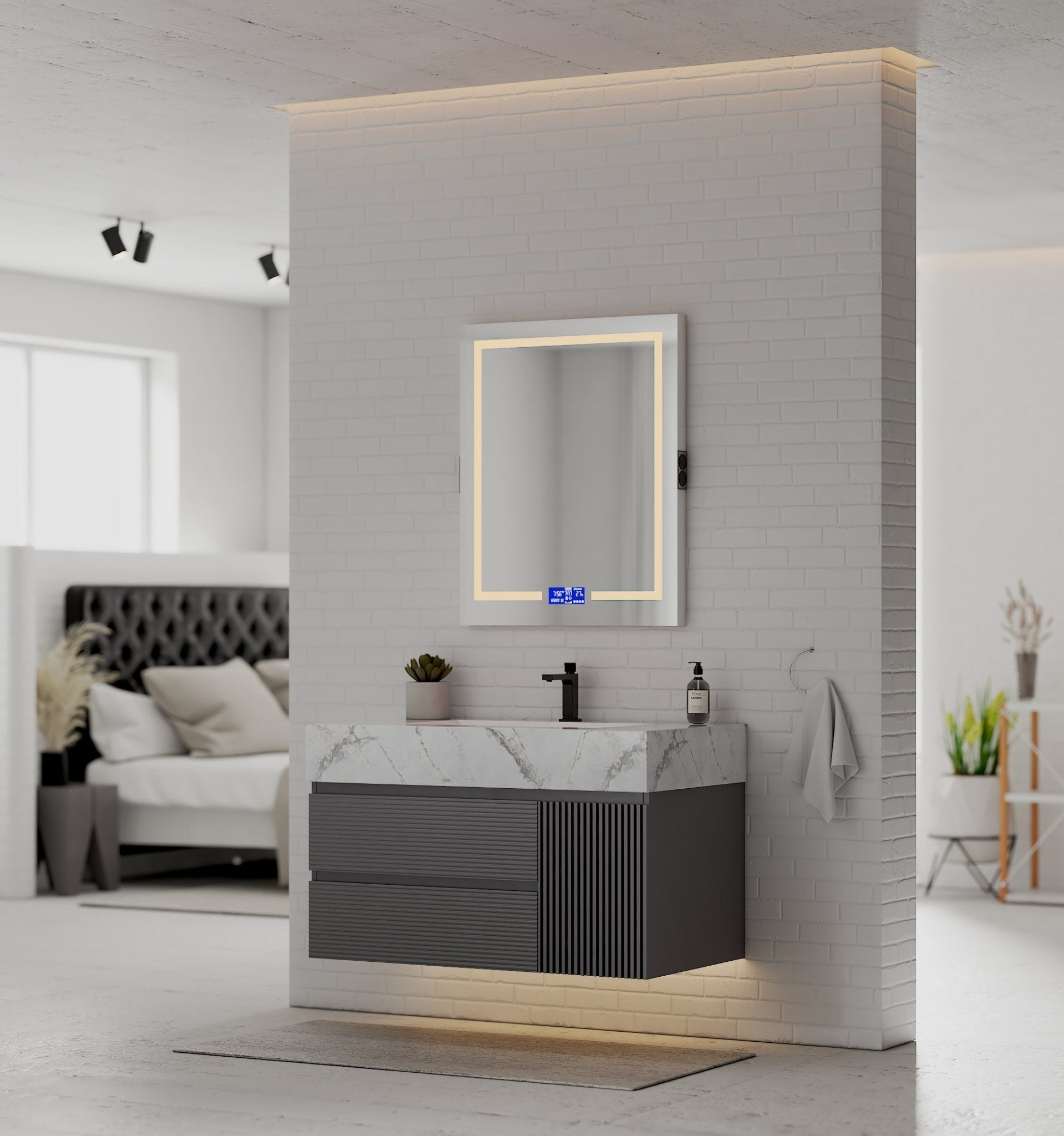 40"/ 48" Dark Grey Fluted Floating Vanity with Seamless Stone Sink - VanityIce Grey NeoNova Decor