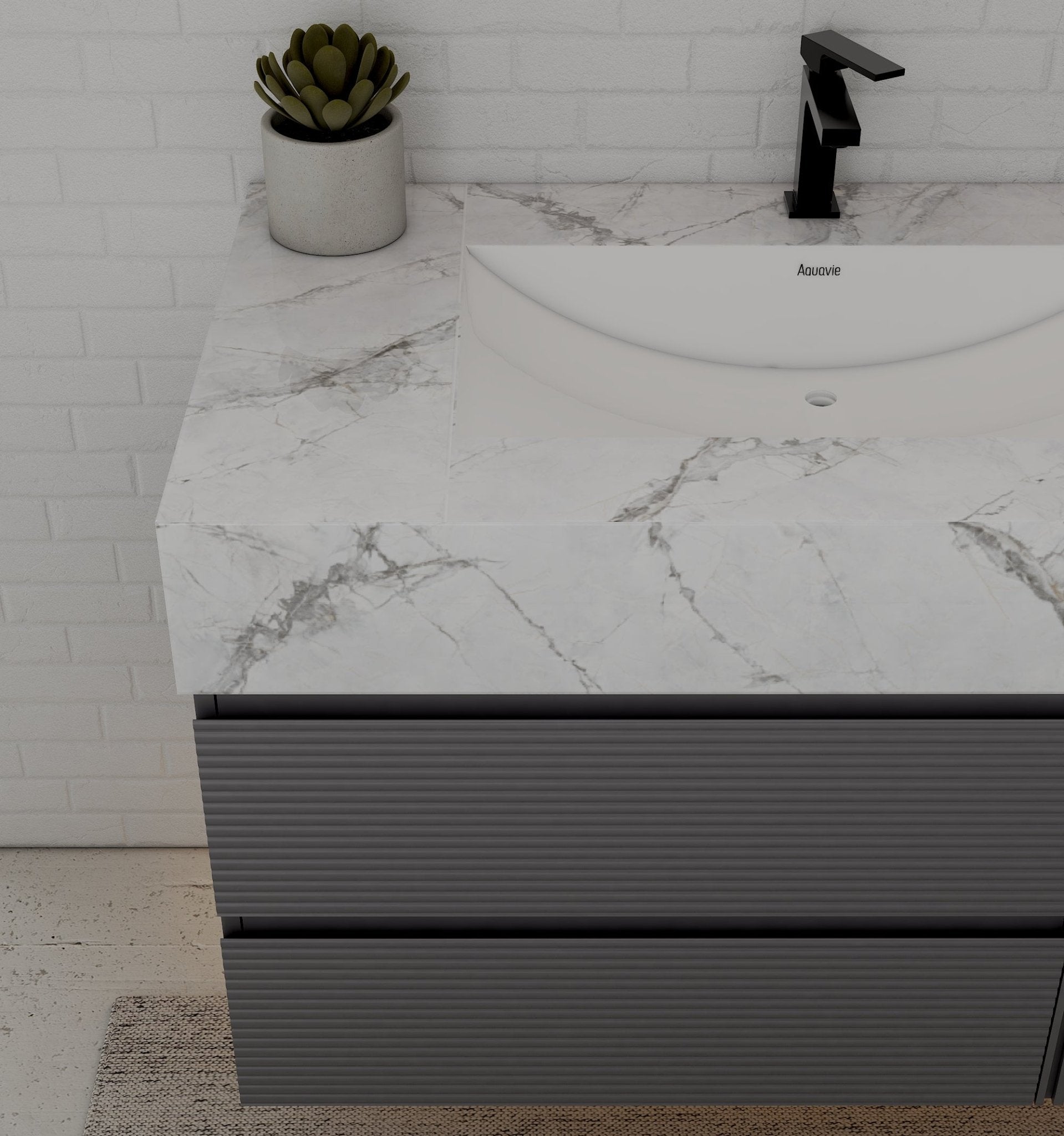 40"/ 48" Dark Grey Fluted Floating Vanity with Seamless Stone Sink - VanityIce Grey NeoNova Decor