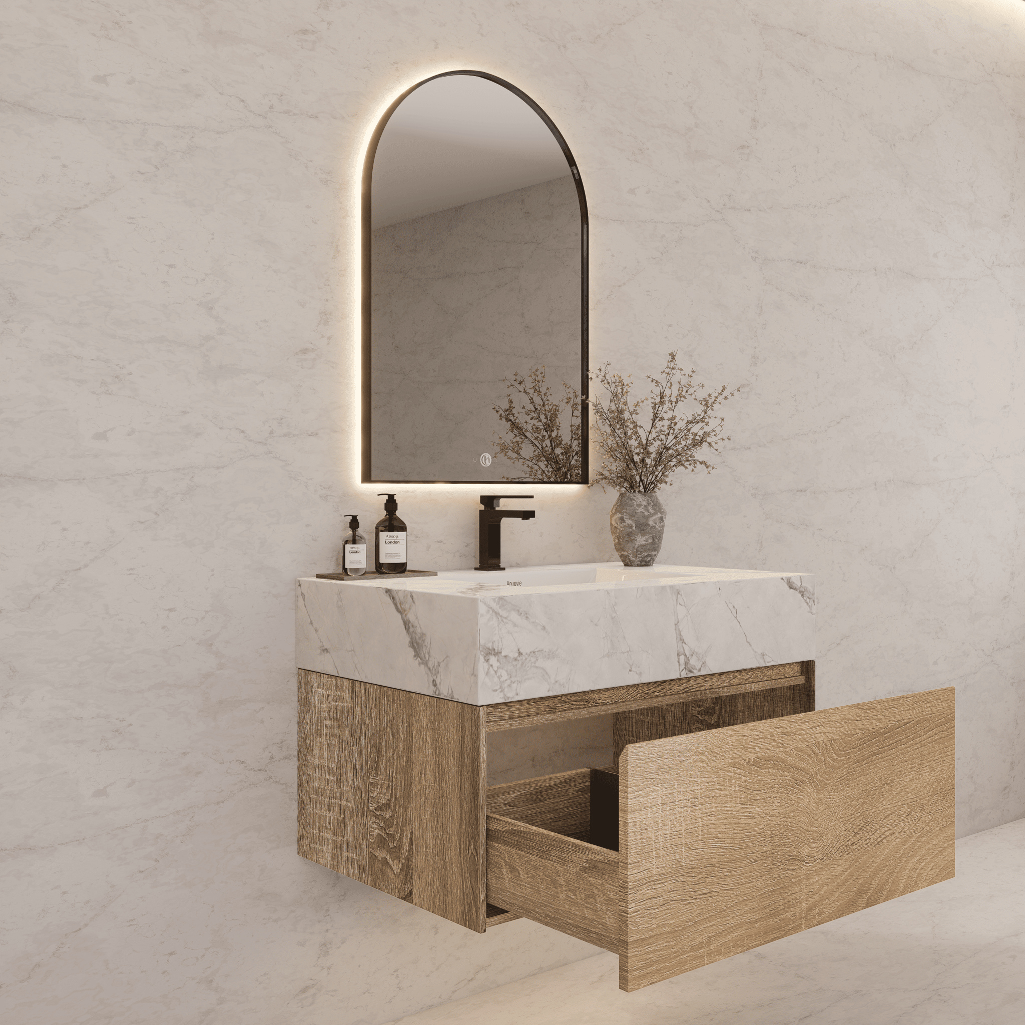 40" Seamless Stone Top with Light Oak Floating Bathroom Vanity - VanityIce Grey